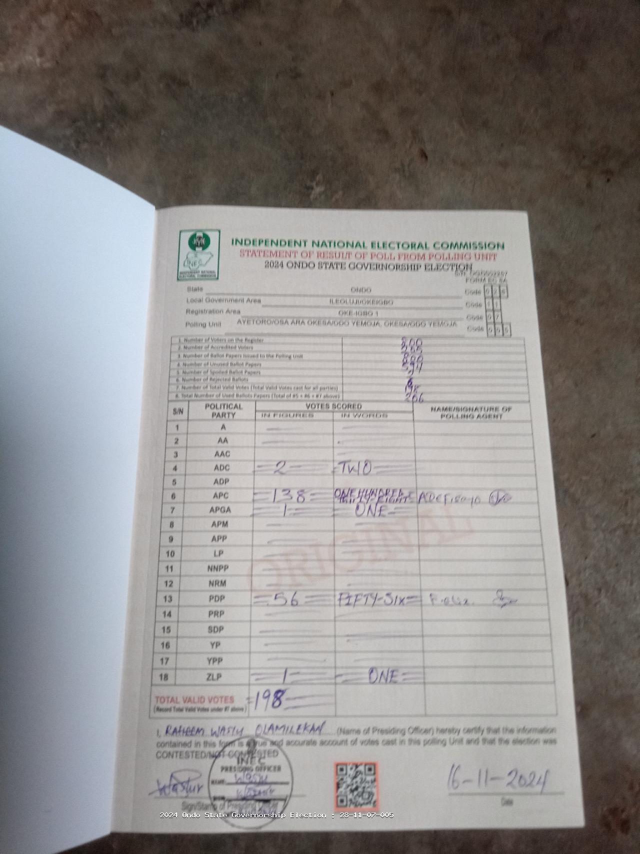 Result sheet for polling unit 28/11/07/005, Ayetoro/Osa Ara Okesa/Odo Yemoja, Okesa/Odo Yemoja