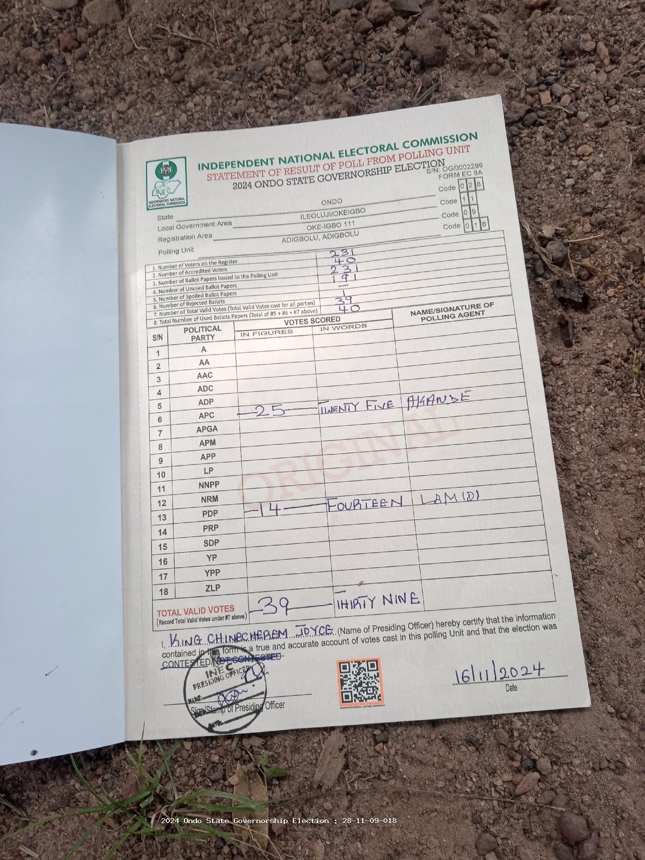 Result sheet for polling unit 28/11/09/018, Adigbolu, Adigbolu