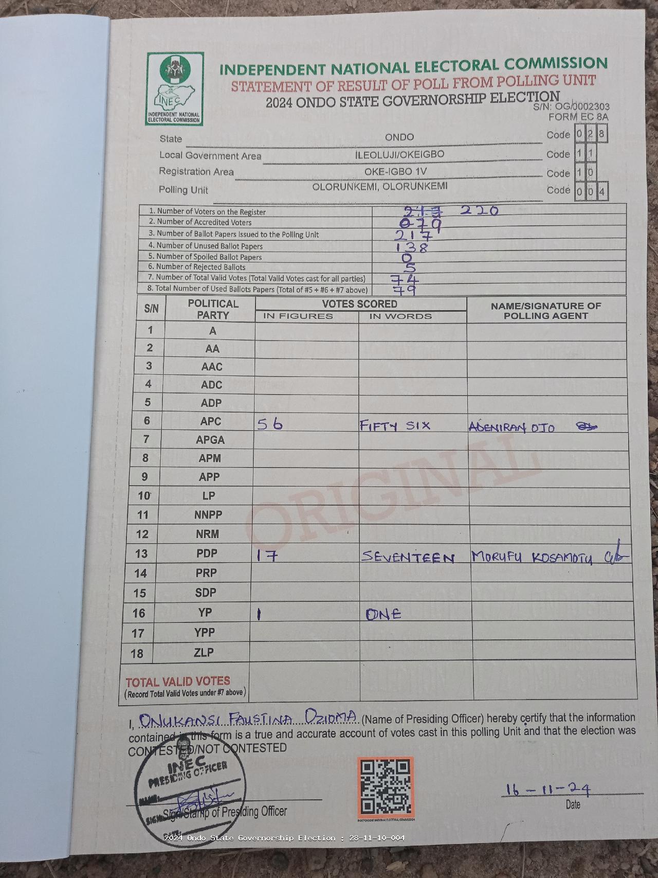 Result sheet for polling unit 28/11/10/004, Olorunkemi, Olorunkemi