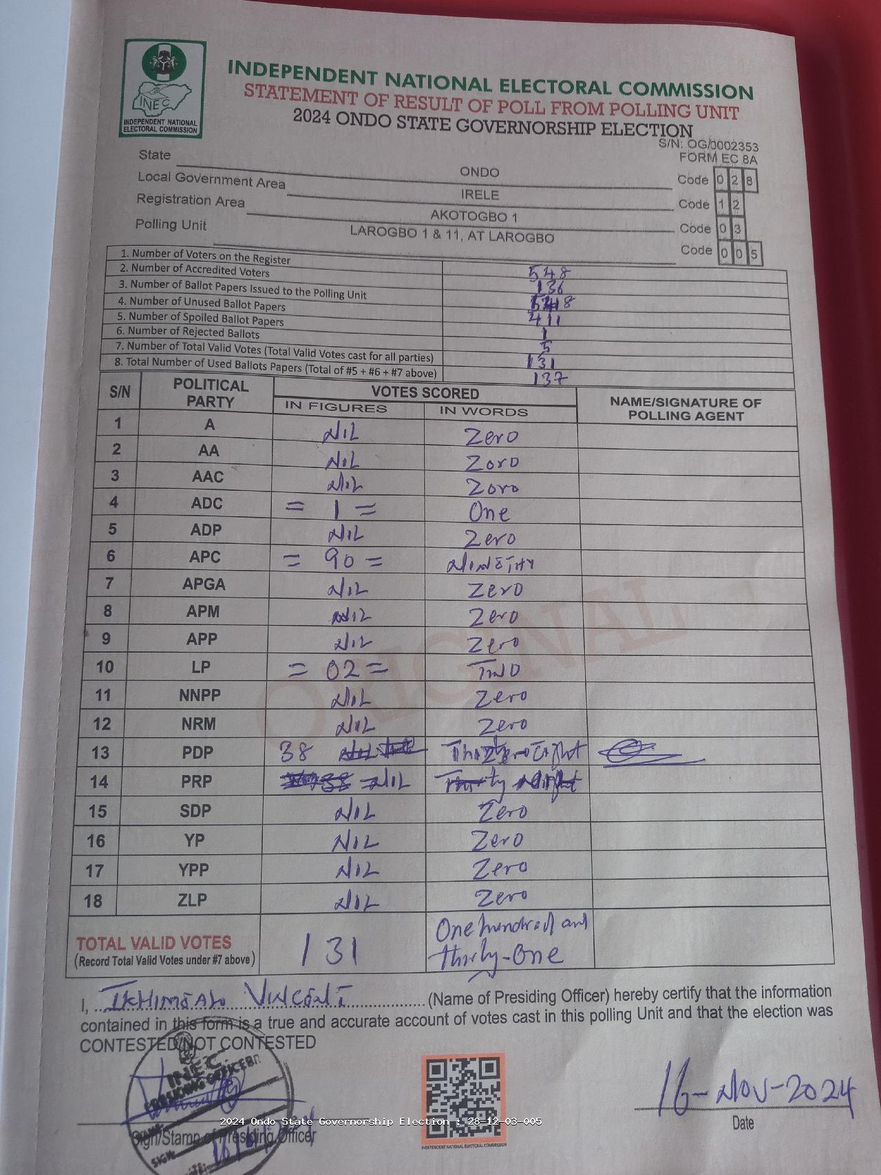 Result sheet for polling unit 28/12/03/005, Larogbo 1 & 11, At Larogbo