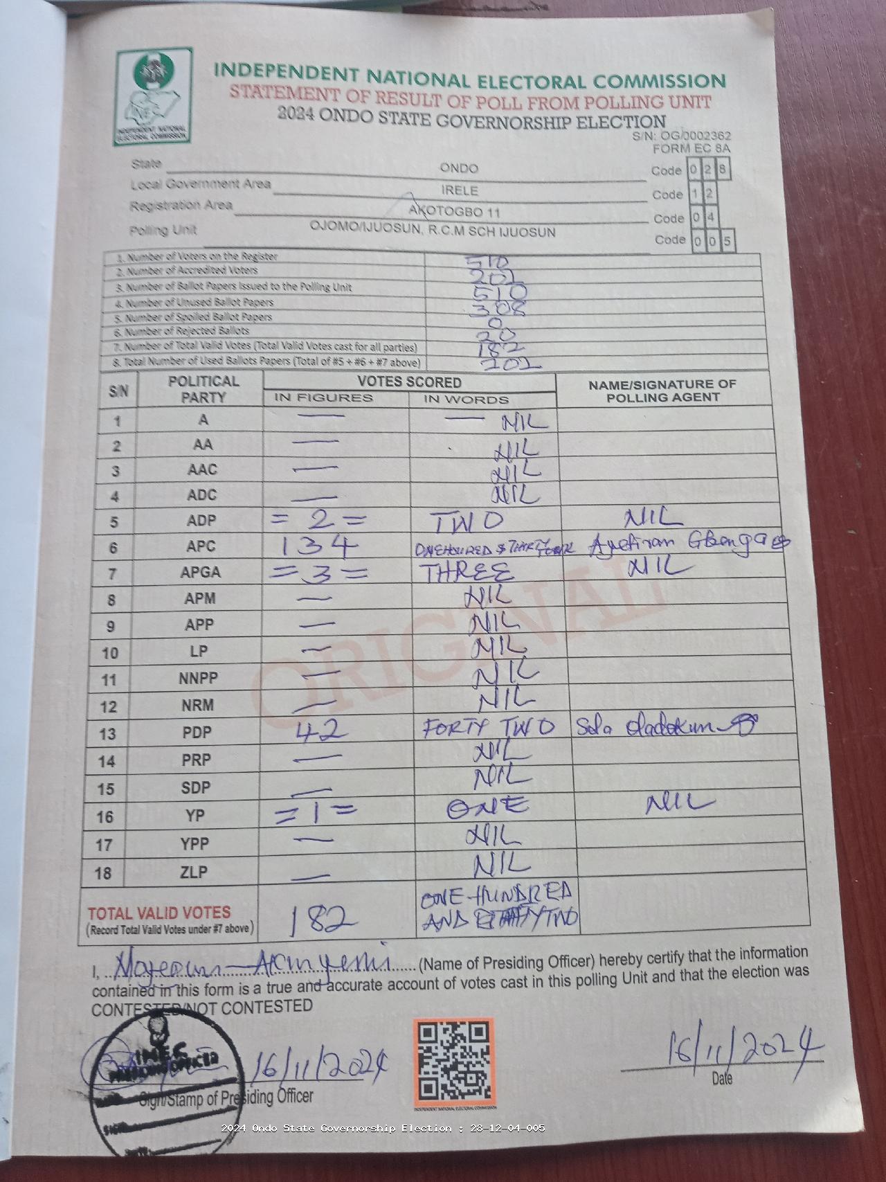Result sheet for polling unit 28/12/04/005, Ojomo/Ijuosun, R.C.M Sch Ijuosun