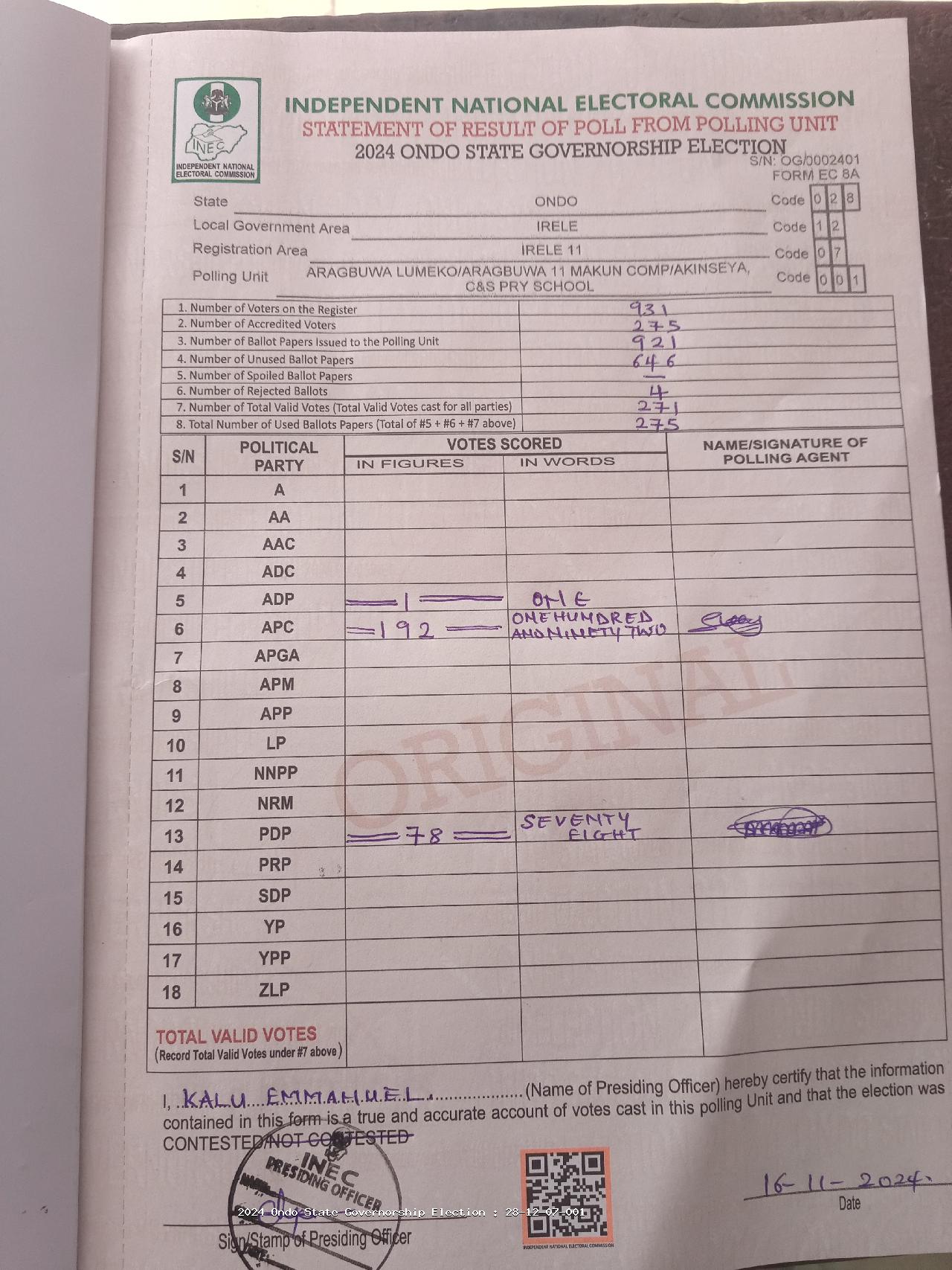 Result sheet for polling unit 28/12/07/001, Aragbuwa Lumeko/Aragbuwa 11 Makun Comp/Akinseya, C&S Pry School