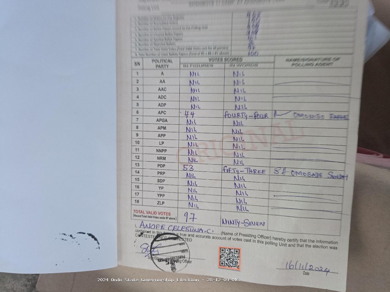Result sheet for polling unit 28/12/09/013, Akingboye 11 Camp, At Akingboye Camp