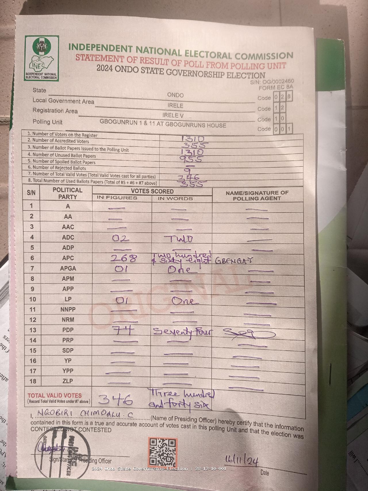 Result sheet for polling unit 28/12/10/001, Gbogunrun 1 & 11 At Gbogunruns House