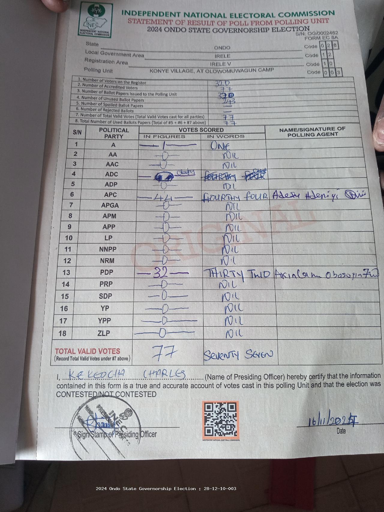 Result sheet for polling unit 28/12/10/003, Konye Village, At Olowomuwagun Camp