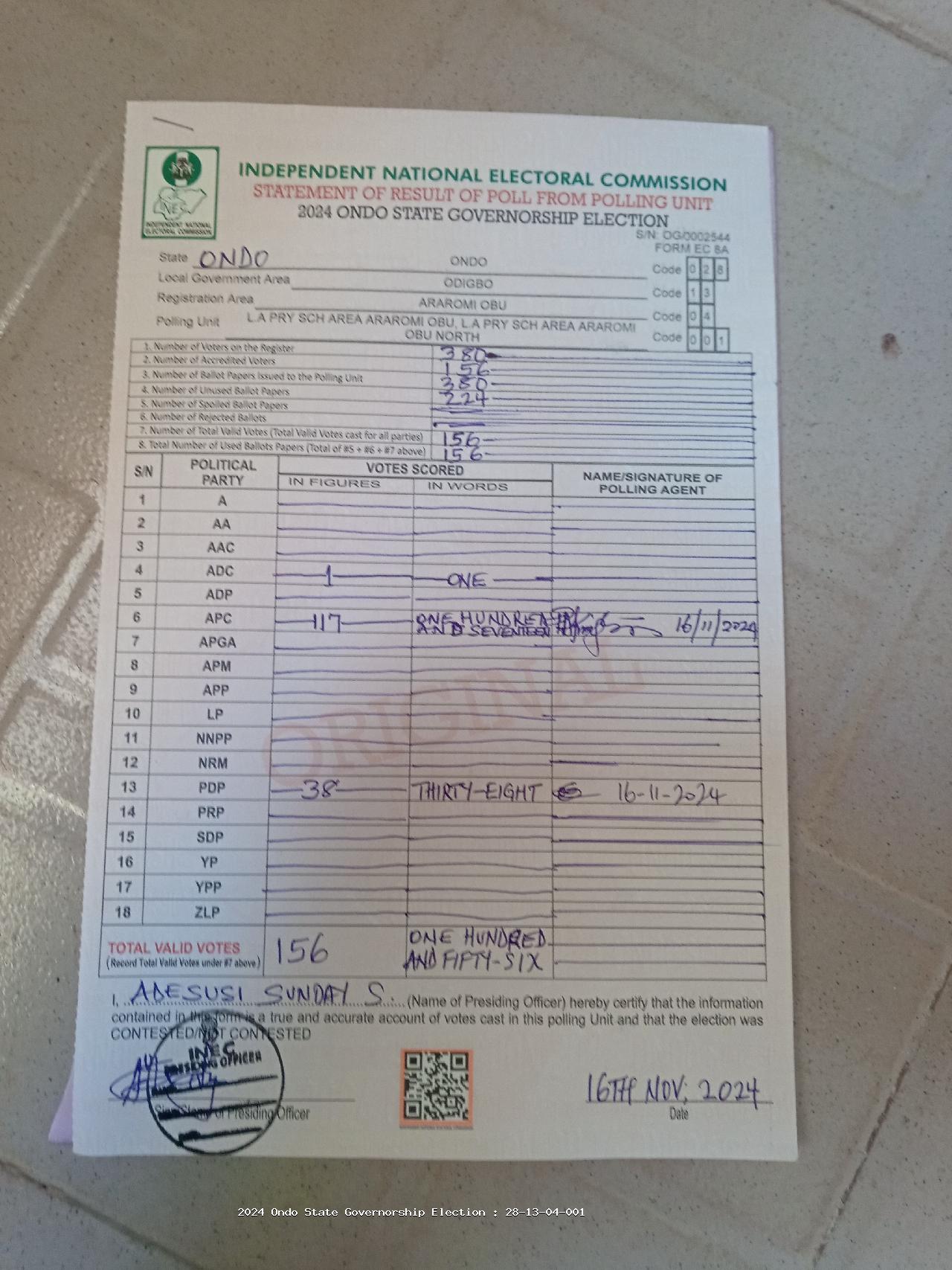 Result sheet for polling unit 28/13/04/001, L.A Pry Sch Area Araromi Obu, L.A Pry Sch Area Araromi Obu North
