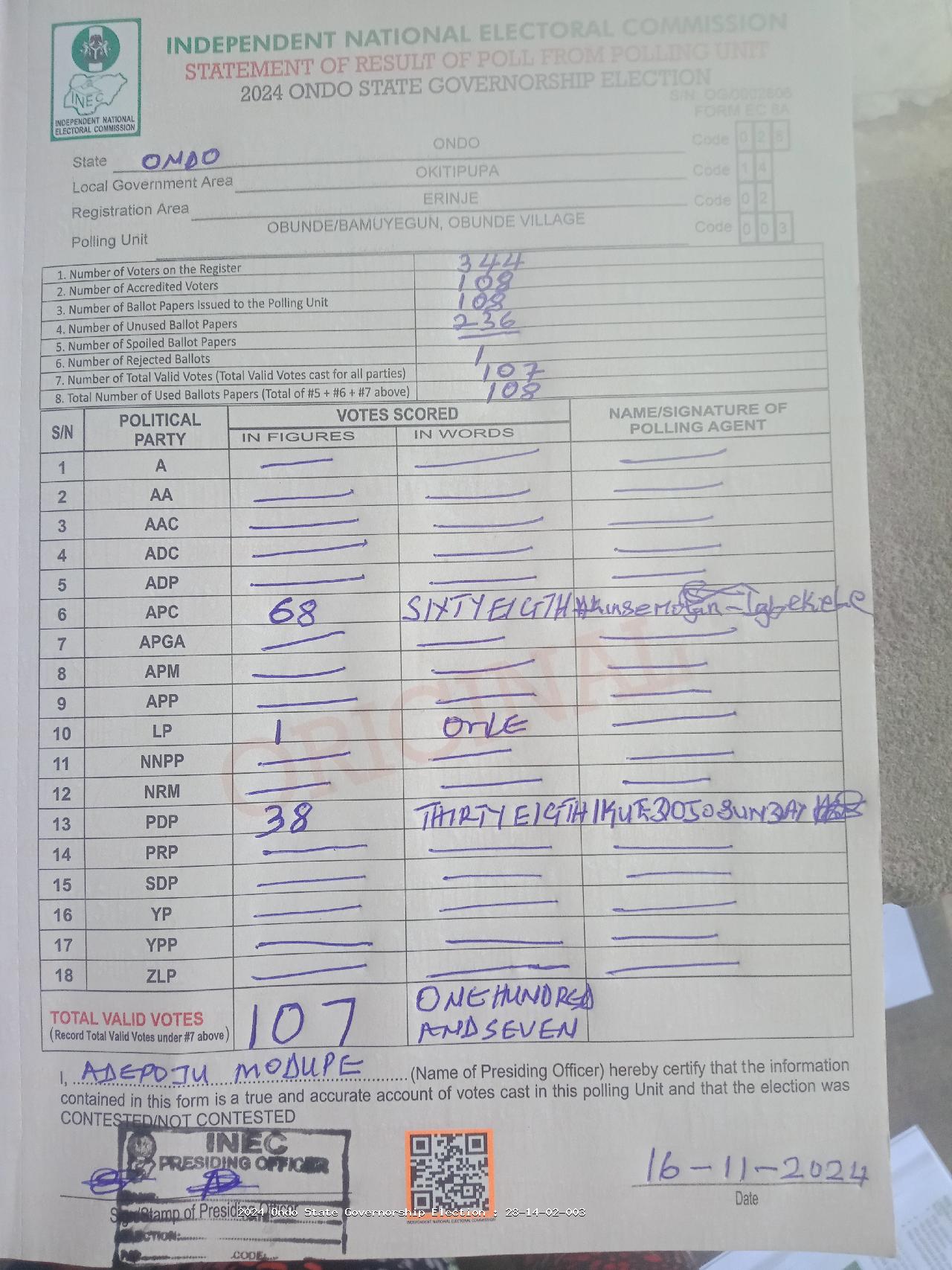 Result sheet for polling unit 28/14/02/003, Obunde/Bamuyegun, Obunde Village