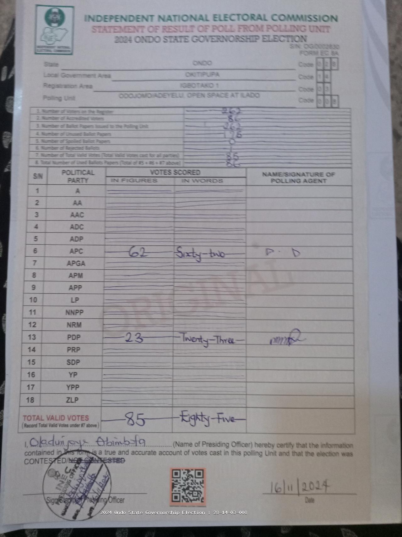 Result sheet for polling unit 28/14/03/008, Odojomo/Adeyelu, Open Space At Ilado