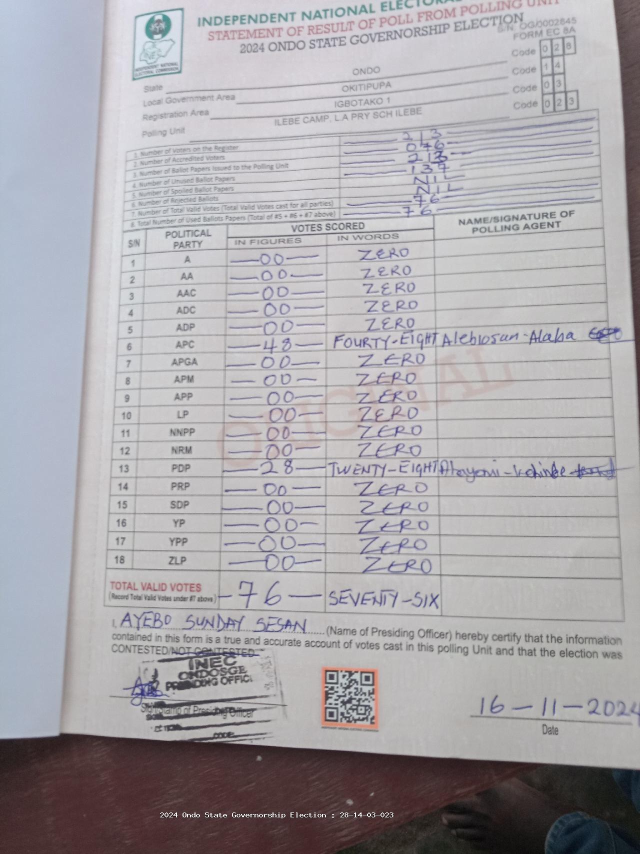 Result sheet for polling unit 28/14/03/023, Ilebe Camp, L.A Pry Sch Ilebe