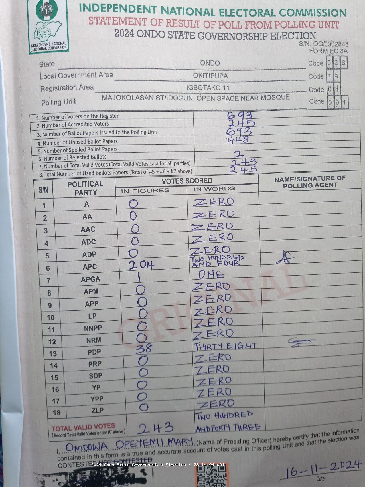 Result sheet for polling unit 28/14/04/001, Majokolasan St/Idogun, Open Space Near Mosque