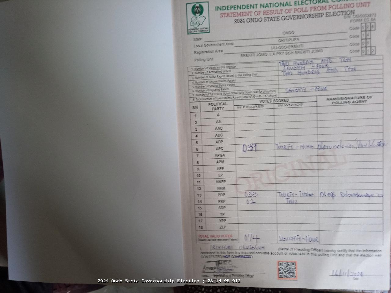 Result sheet for polling unit 28/14/05/012, Erekiti Jomo, L.A Pry Sch Erekiti Jomo