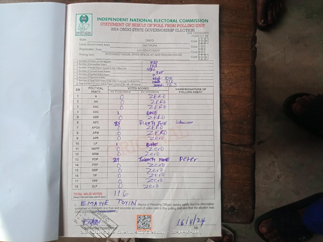 Result sheet for polling unit 28/14/05/014, Ayeyi/Adeyehun, Open Space At Adeyehuns House