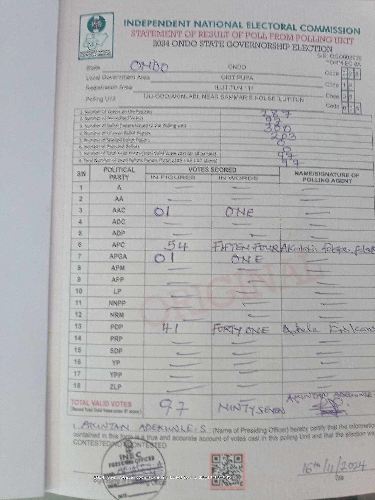 Result sheet for polling unit 28/14/09/005, Iju-Odo/Akinlabi, Near Sammaris House Ilutitun