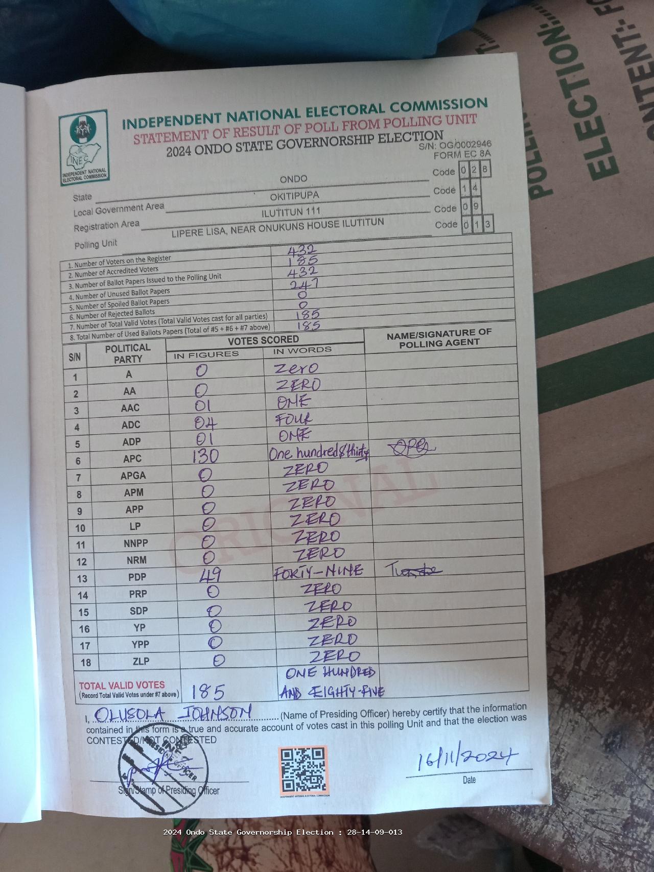 Result sheet for polling unit 28/14/09/013, Lipere Lisa, Near Onukuns House Ilutitun