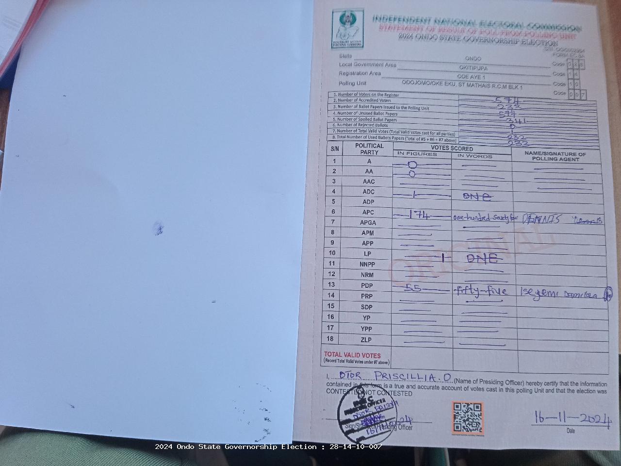 Result sheet for polling unit 28/14/10/007, Odojomo/Oke Eku, St Mathais R.C.M Blk 1
