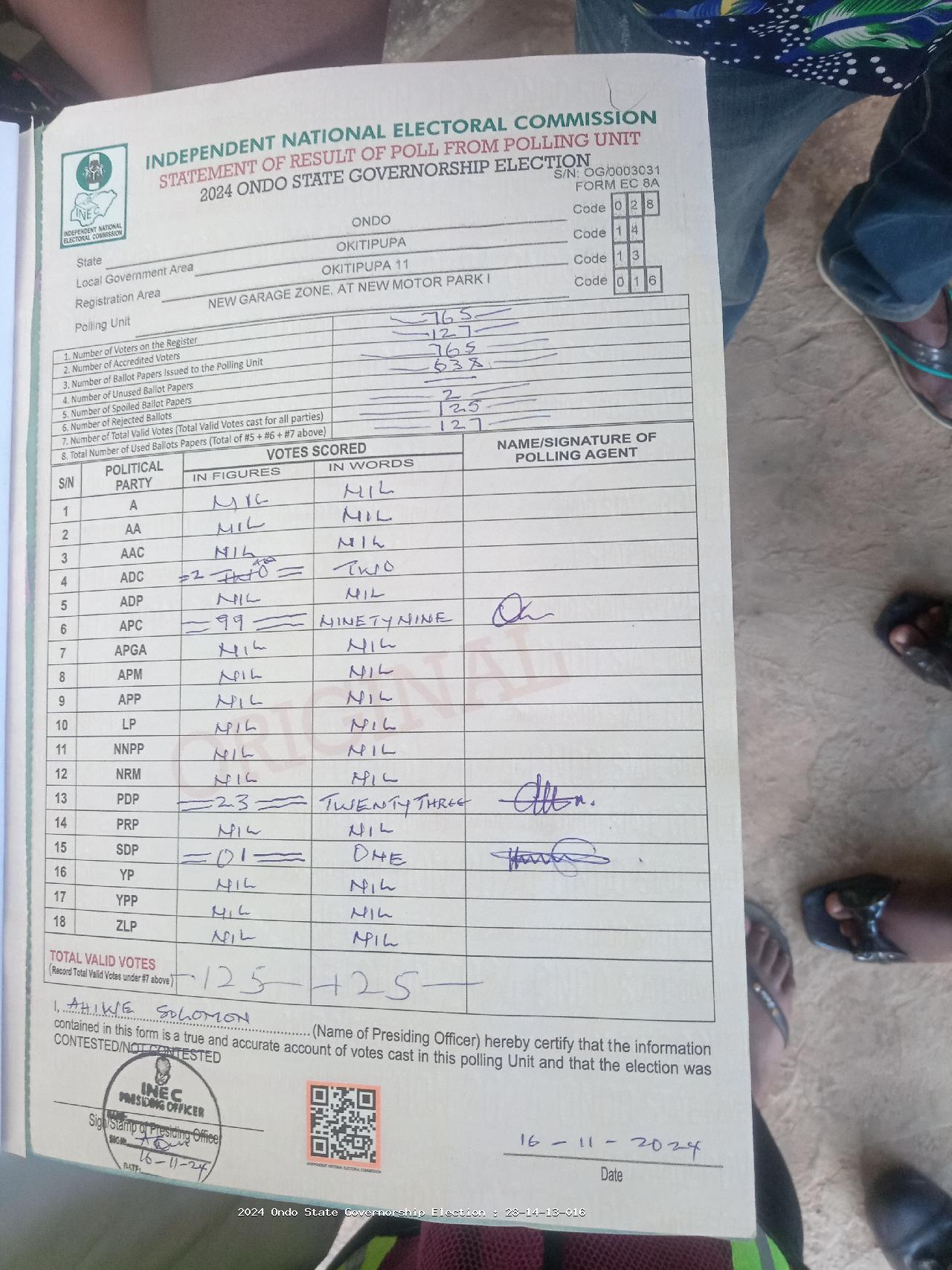 Result sheet for polling unit 28/14/13/016, New Garage Zone, At New Motor Park I