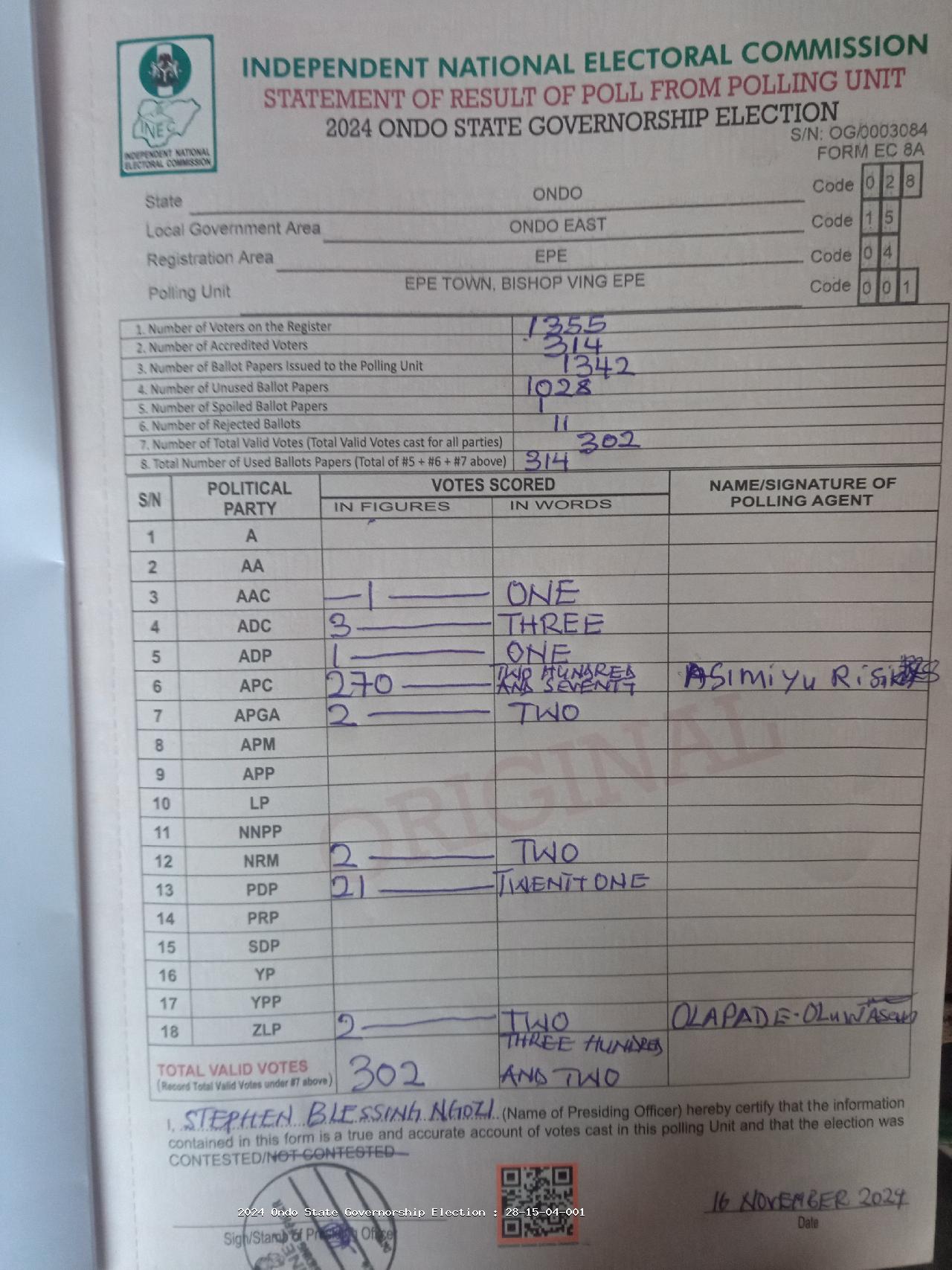 Result sheet for polling unit 28/15/04/001, Epe Town, Bishop Ving Epe
