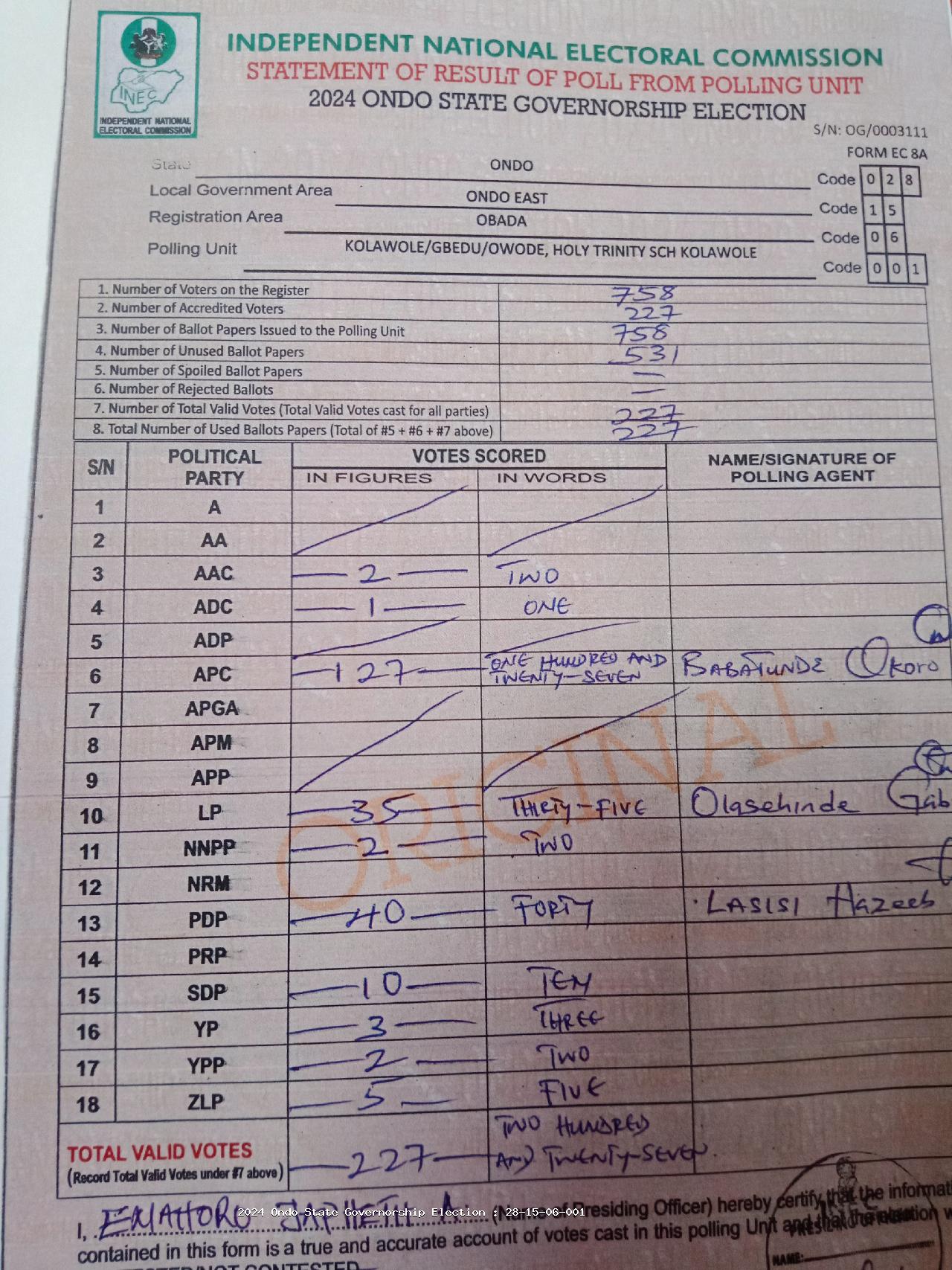 Result sheet for polling unit 28/15/06/001, Kolawole/Gbedu/Owode, Holy Trinity Sch Kolawole