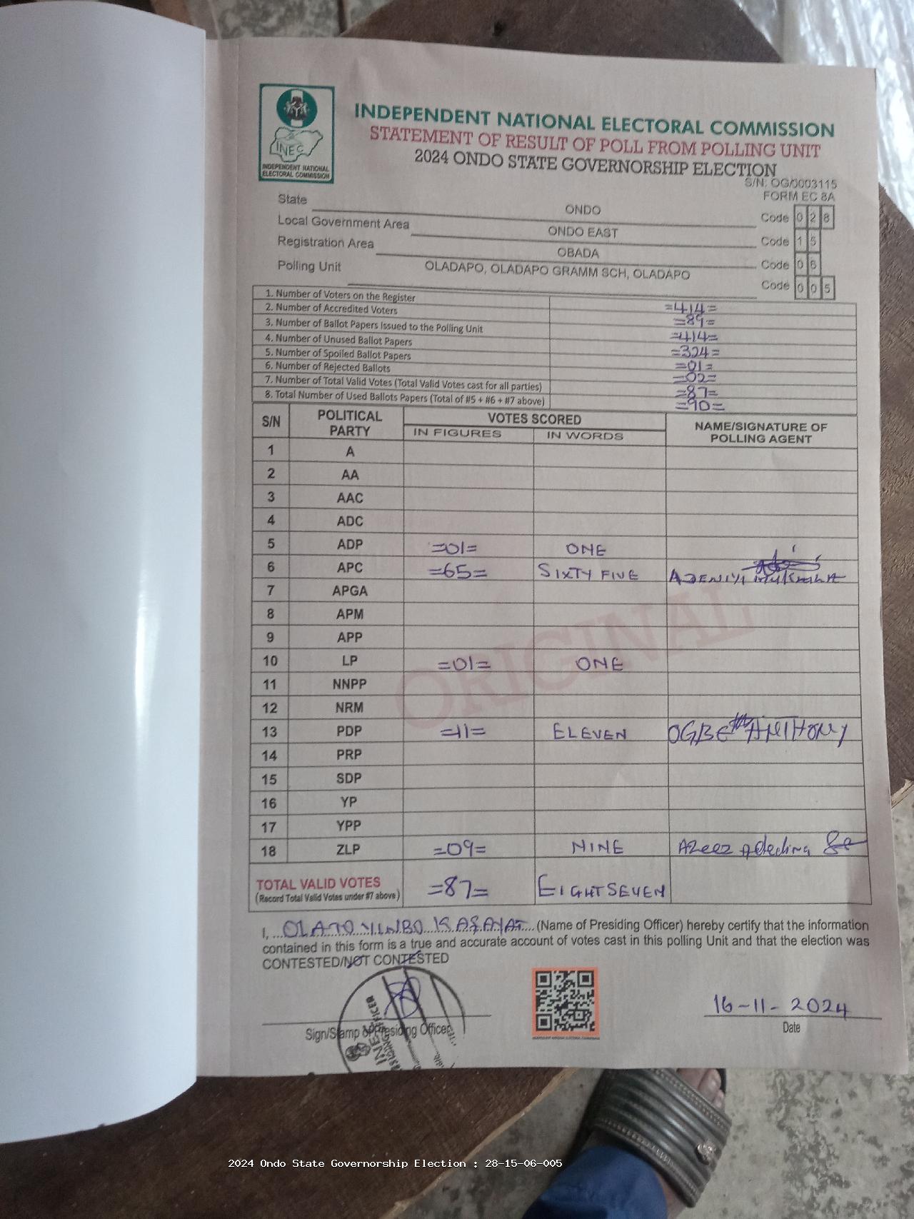 Result sheet for polling unit 28/15/06/005, Oladapo, Oladapo Gramm Sch, Oladapo
