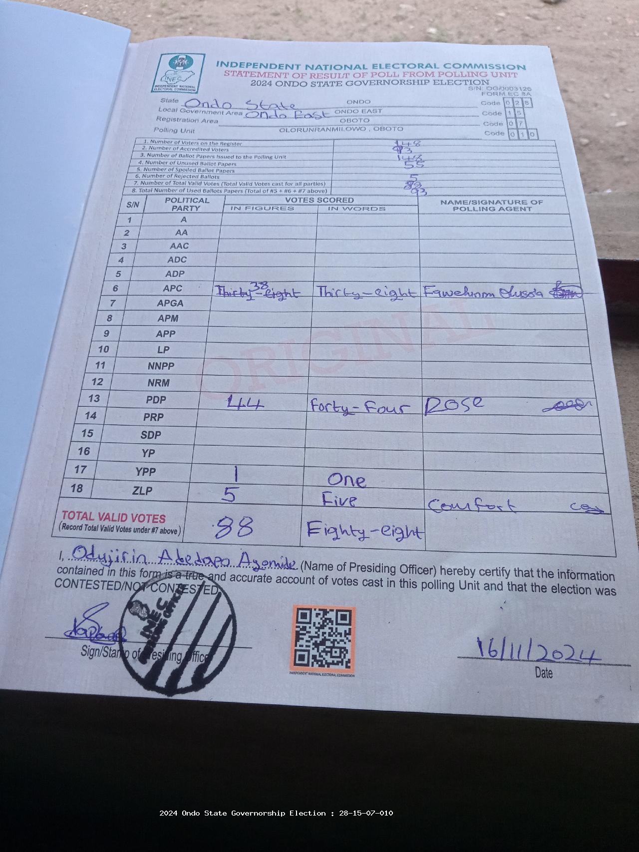 Result sheet for polling unit 28/15/07/010, Olorunranmilowo , Oboto