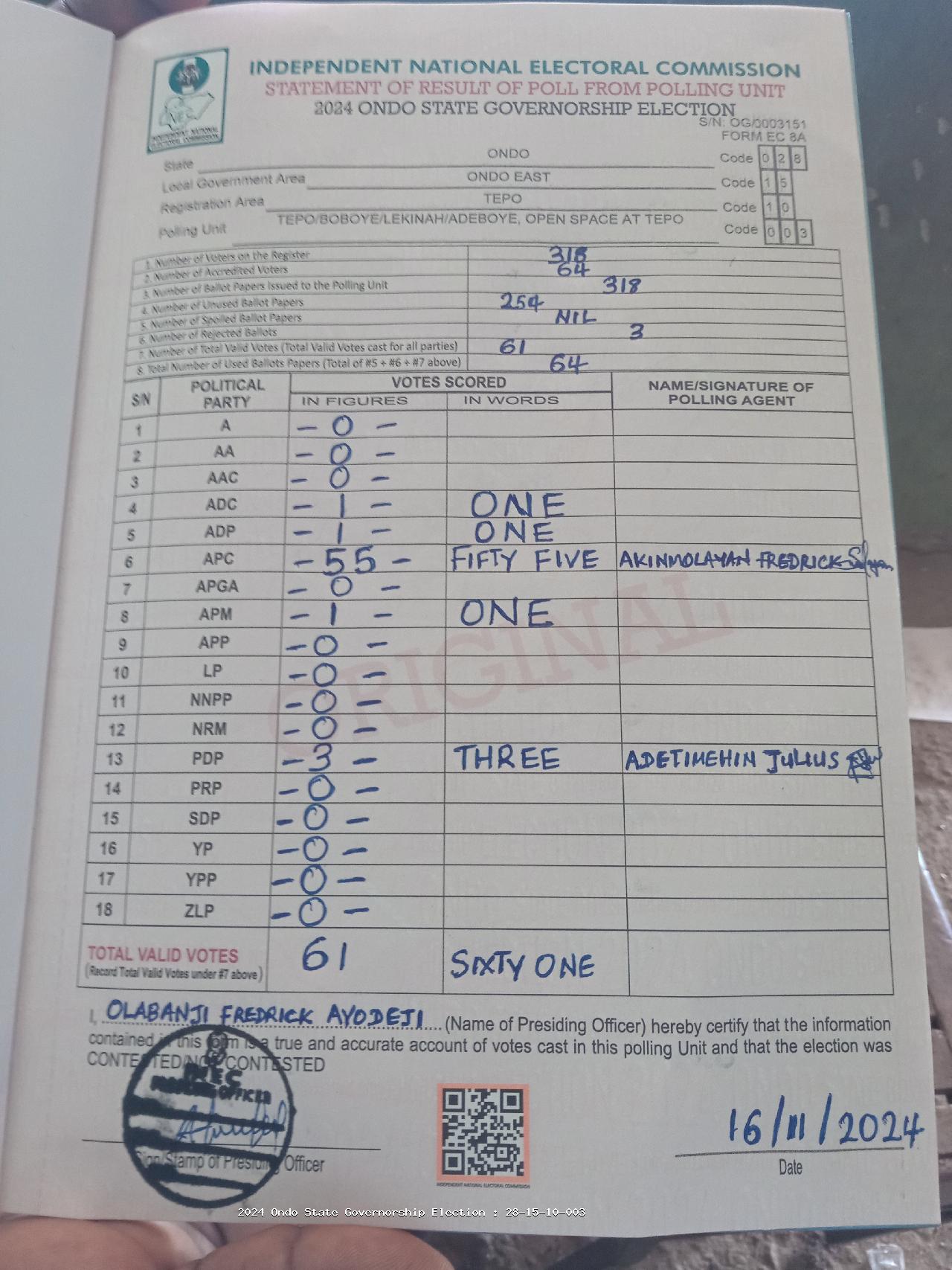 Result sheet for polling unit 28/15/10/003, Tepo/Boboye/Lekinah/Adeboye, Open Space At Tepo