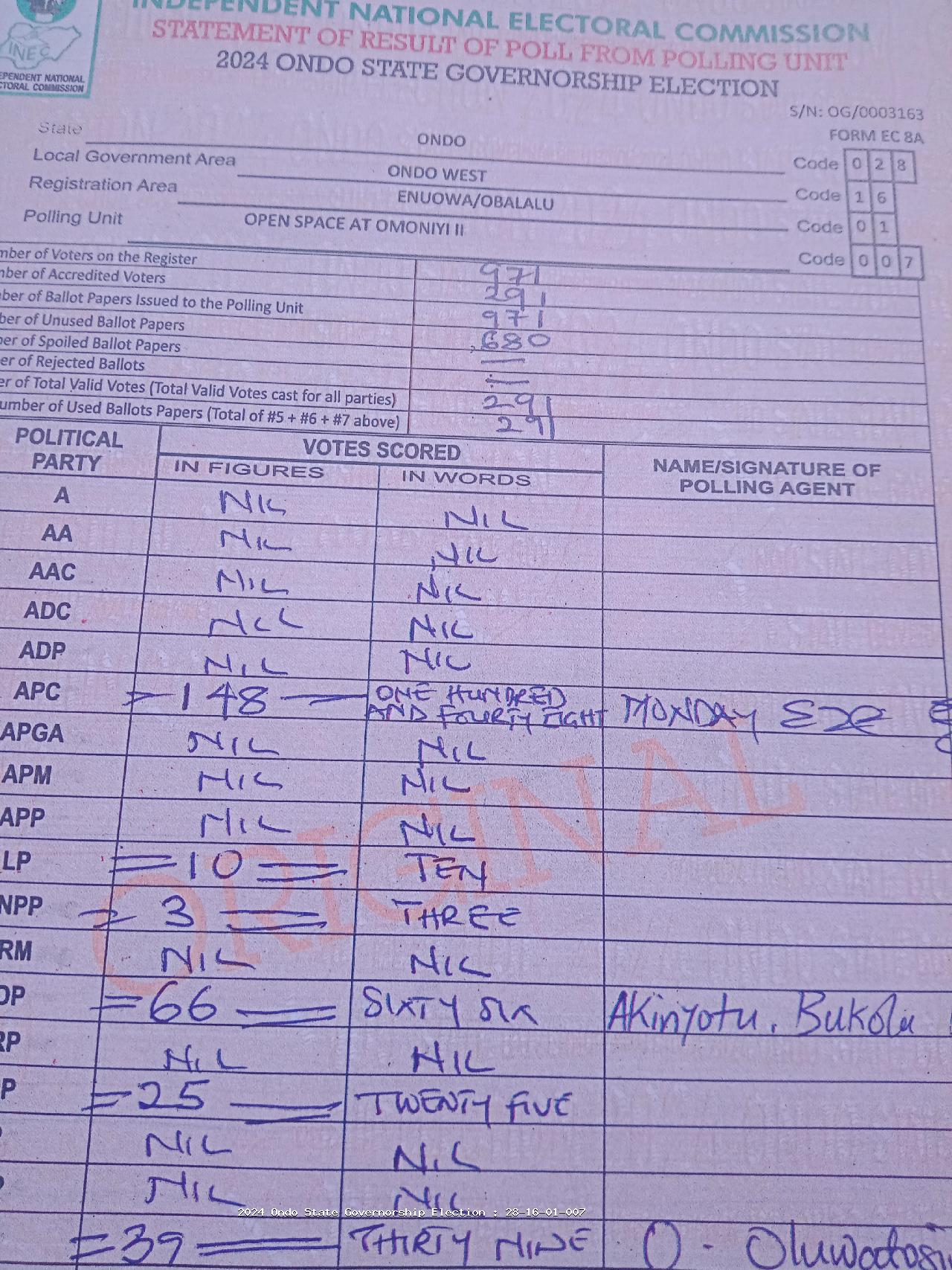 Result sheet for polling unit 28/16/01/007, Open Space At Omoniyi II