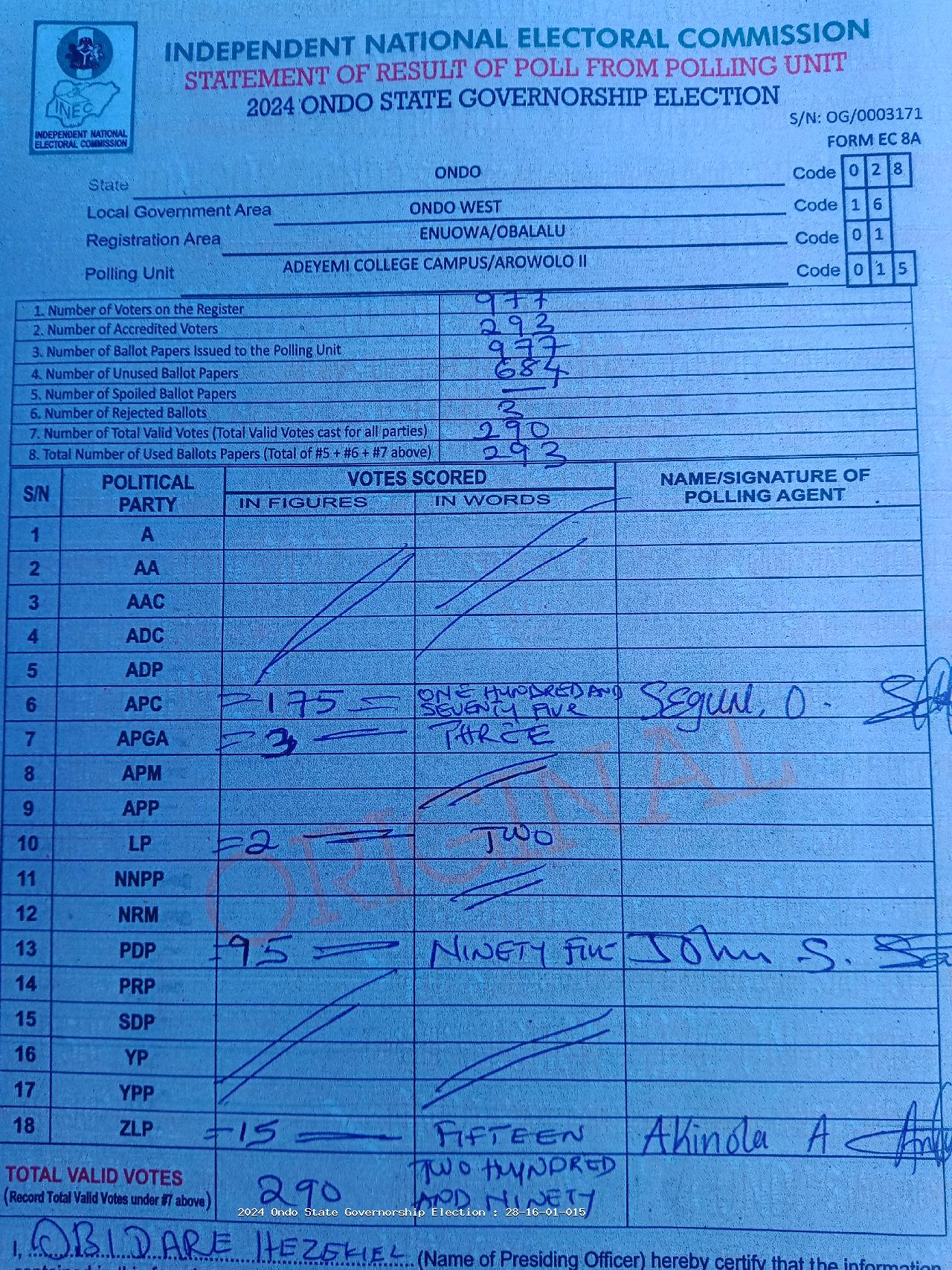 Result sheet for polling unit 28/16/01/015, Adeyemi College Campus/Arowolo II