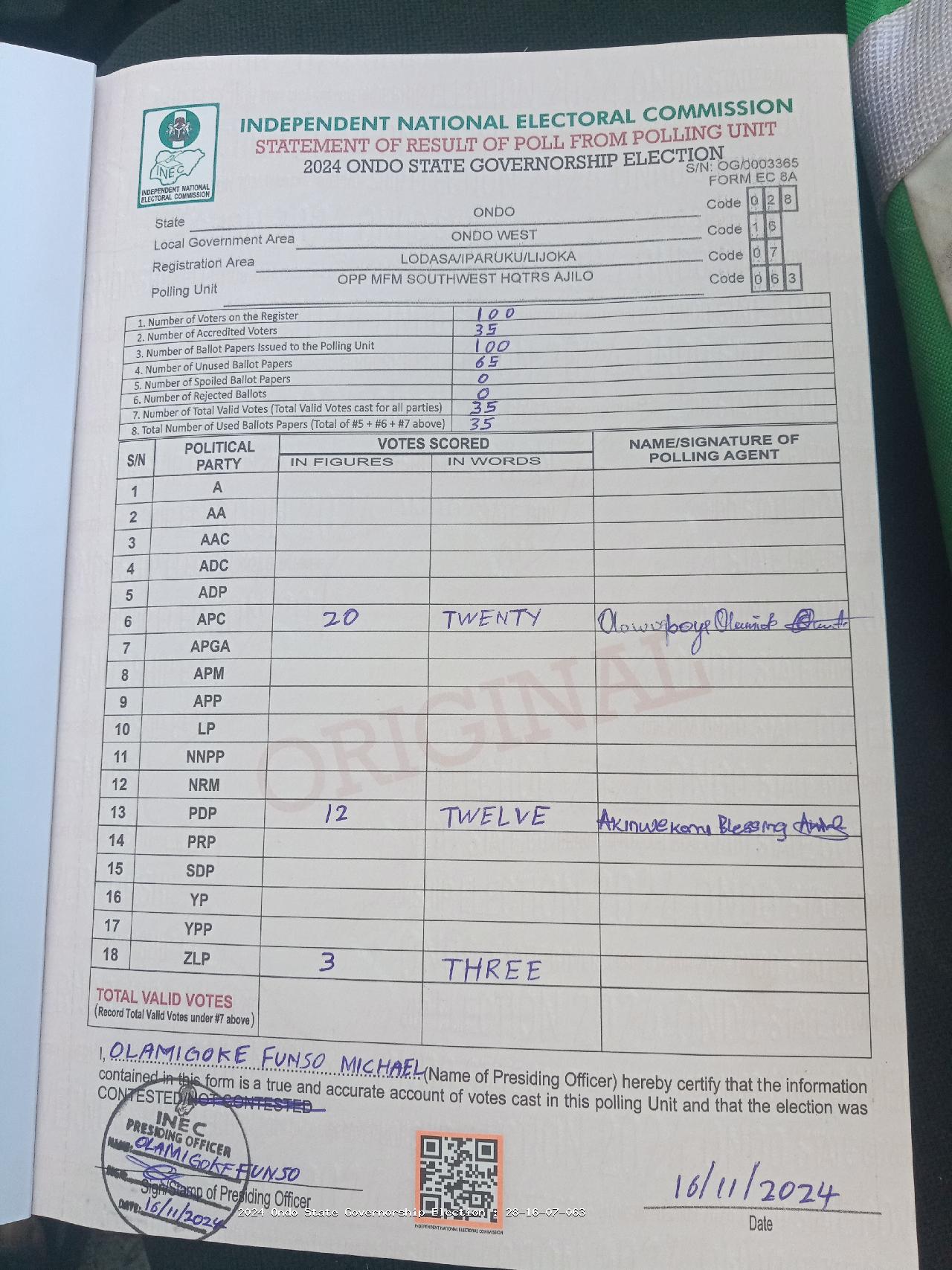 Result sheet for polling unit 28/16/07/063, Opp Mfm Southwest Hqtrs Ajilo