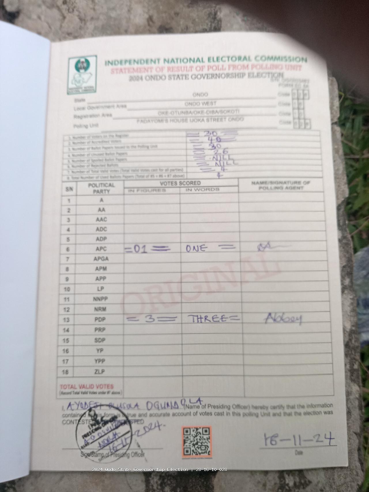 Result sheet for polling unit 28/16/10/028, Fadayomi's House Ijoka Street Ondo