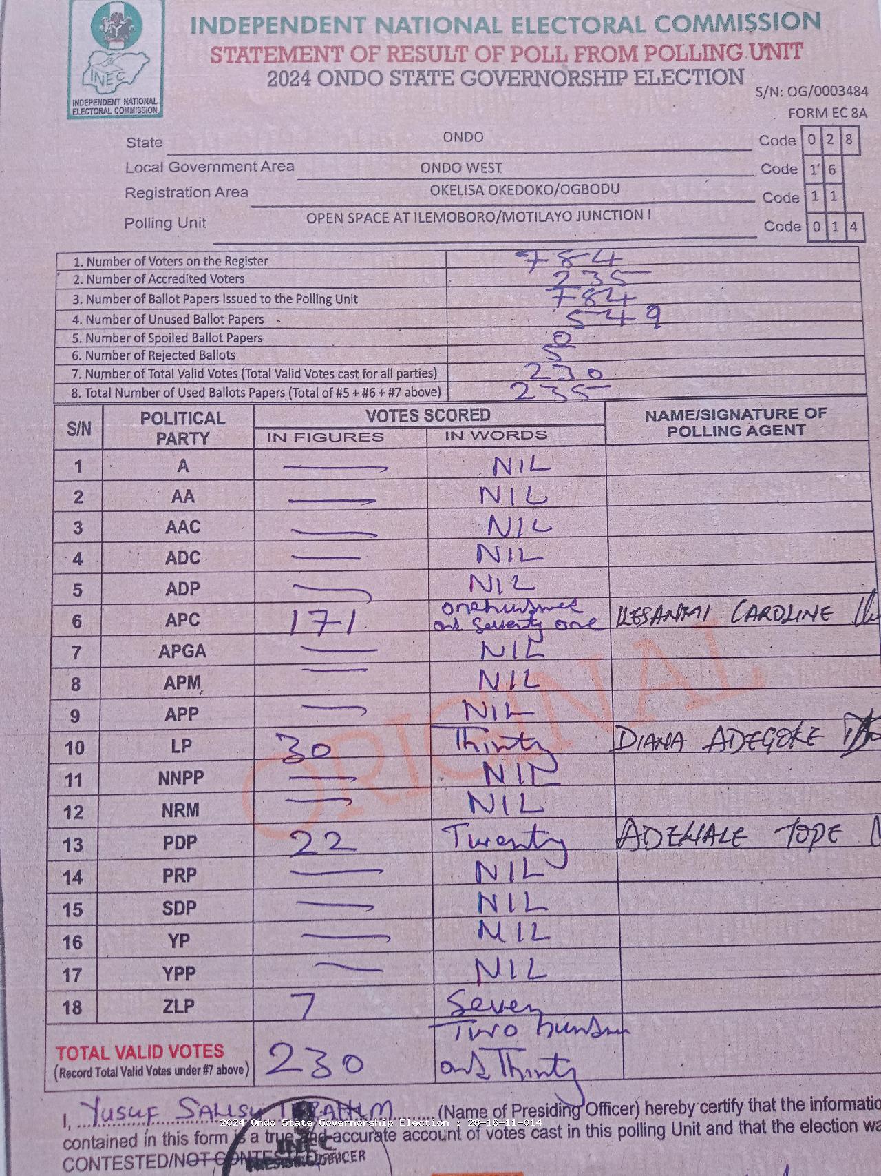 Result sheet for polling unit 28/16/11/014, Open Space At Ilemoboro/Motilayo Junction I