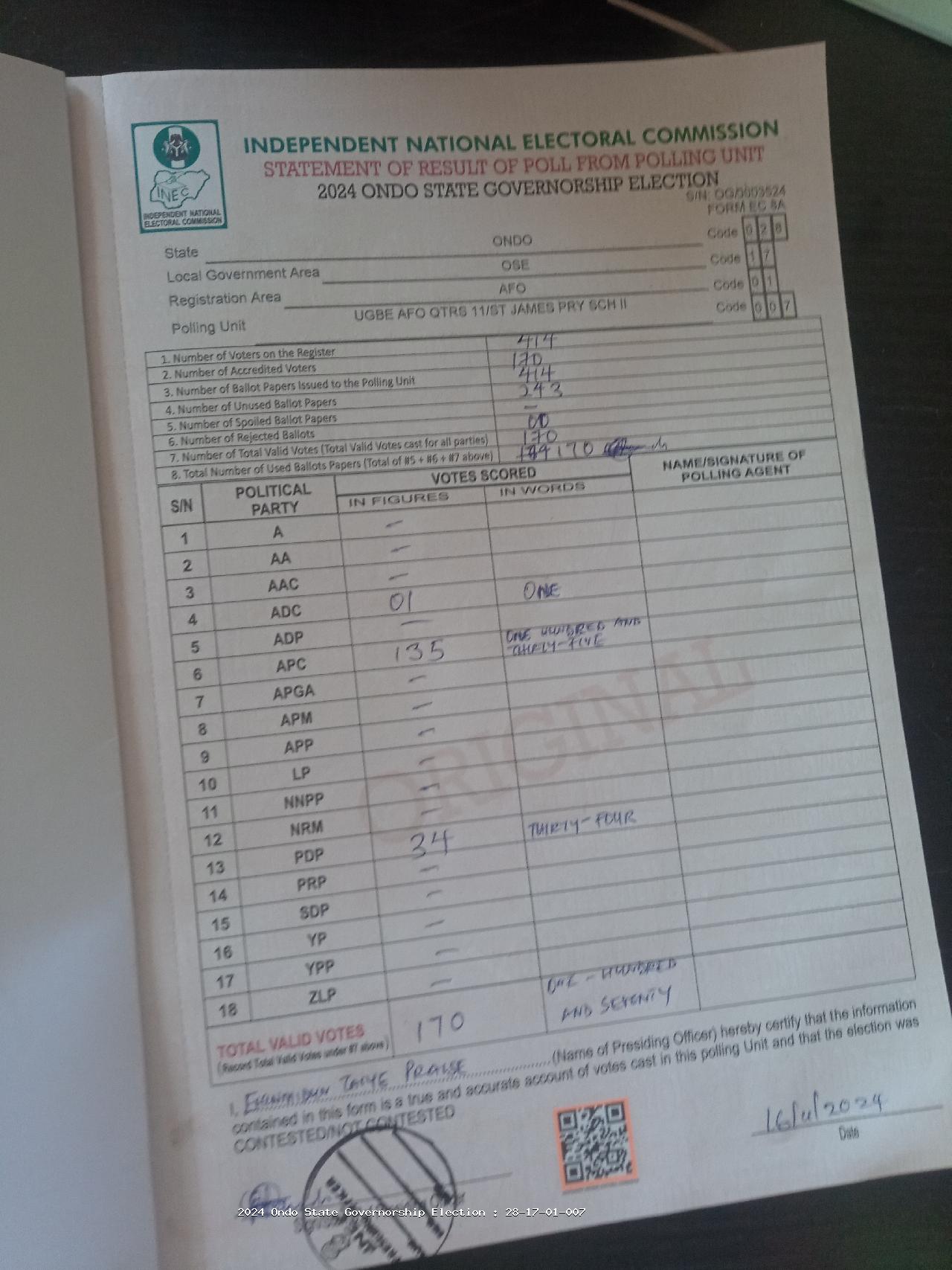 Result sheet for polling unit 28/17/01/007, Ugbe Afo Qtrs 11/St James Pry Sch II