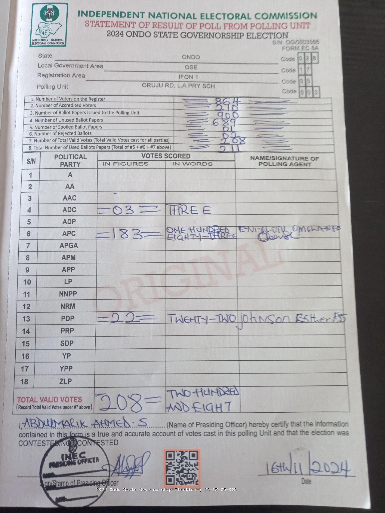 Result sheet for polling unit 28/17/05/003, Oruju Rd, L.A Pry Sch