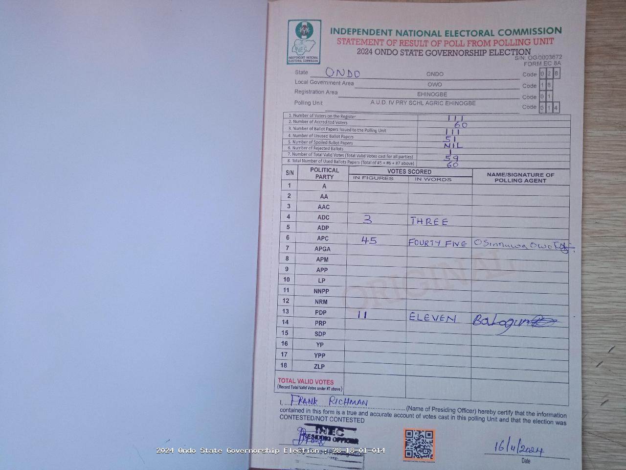 Result sheet for polling unit 28/18/01/014, A.U.D. IV Pry Schl Agric Ehinogbe