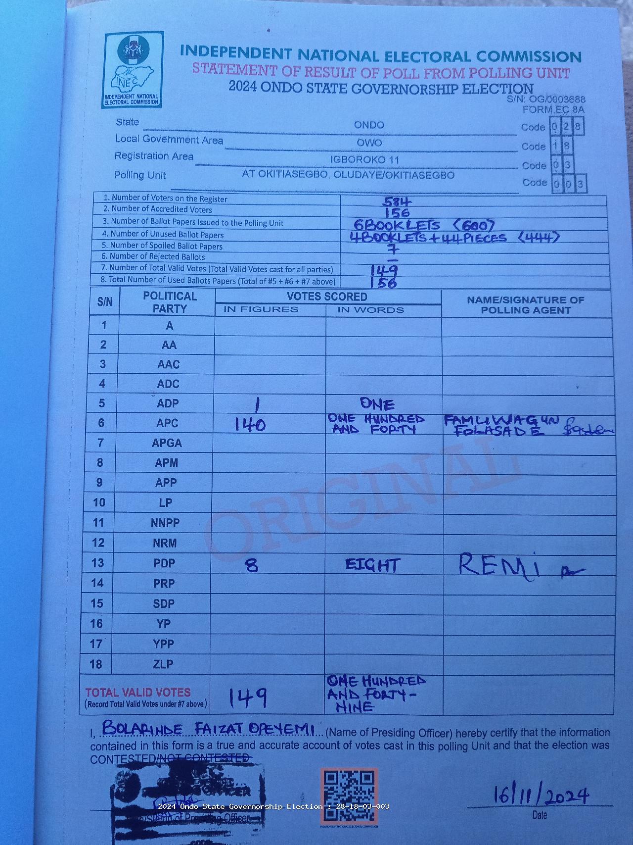 Result sheet for polling unit 28/18/03/003, At Okitiasegbo, Oludaye/Okitiasegbo