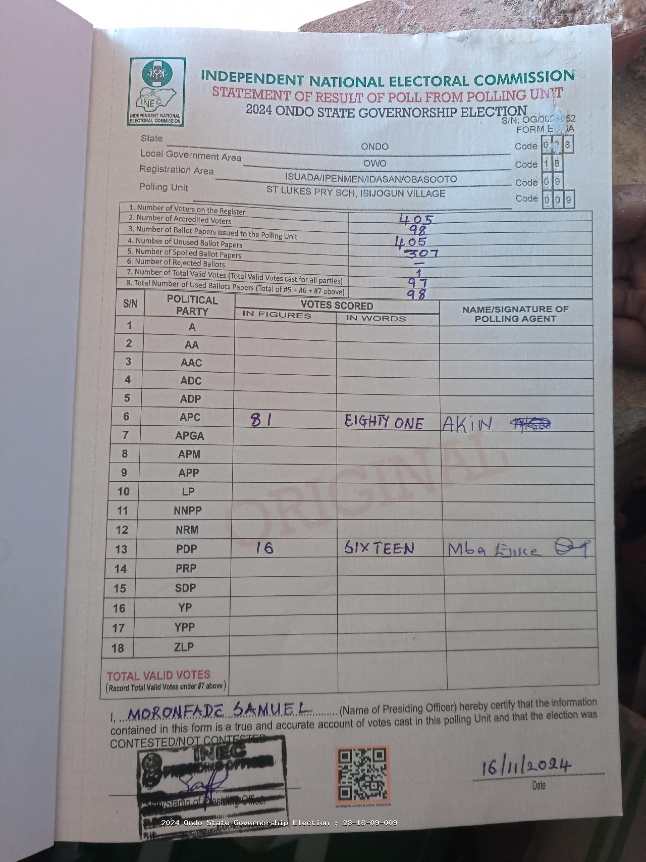 Result sheet for polling unit 28/18/09/009, St Lukes Pry Sch, Isijogun Village
