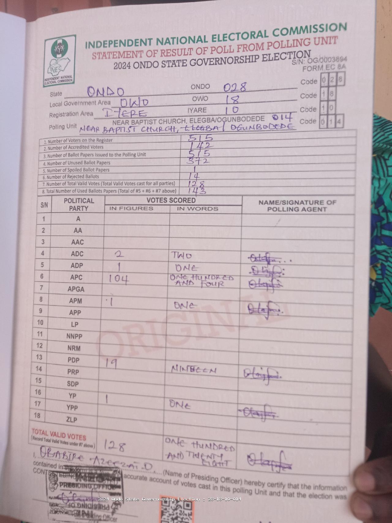 Result sheet for polling unit 28/18/10/014, Near Baptist Church, Elegba/Ogunbodede