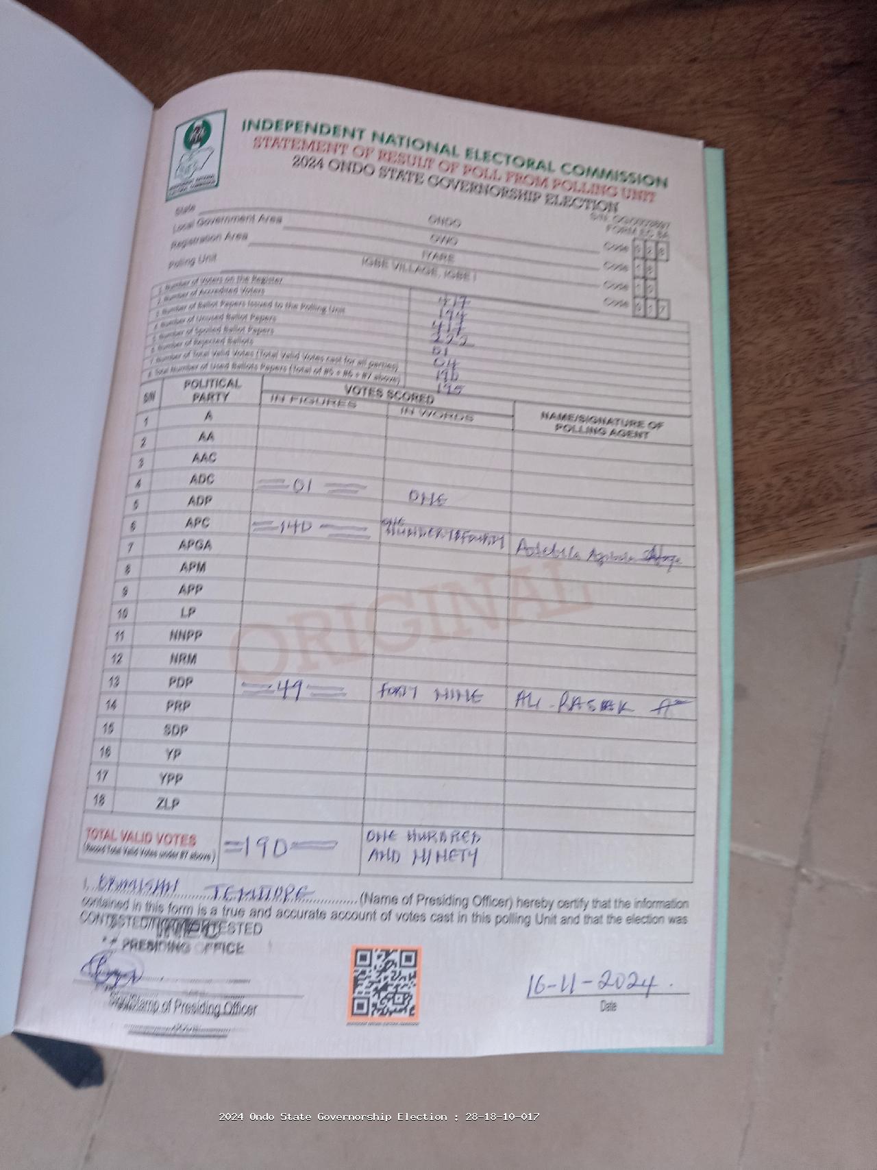 Result sheet for polling unit 28/18/10/017, Igbe Village, Igbe I