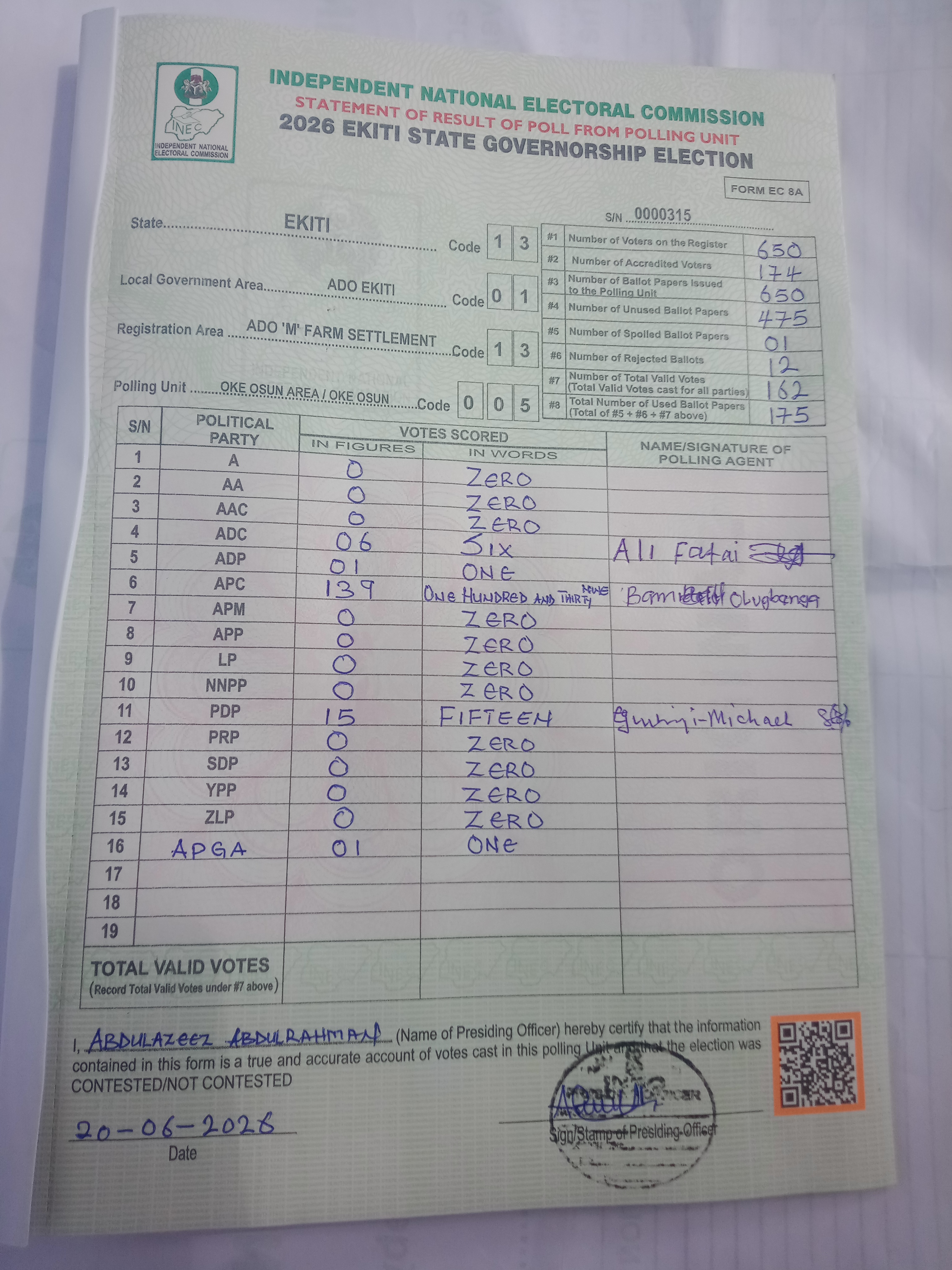 Result sheet for polling unit 13/01/13/005, Oke Osun Area / Oke Osun
