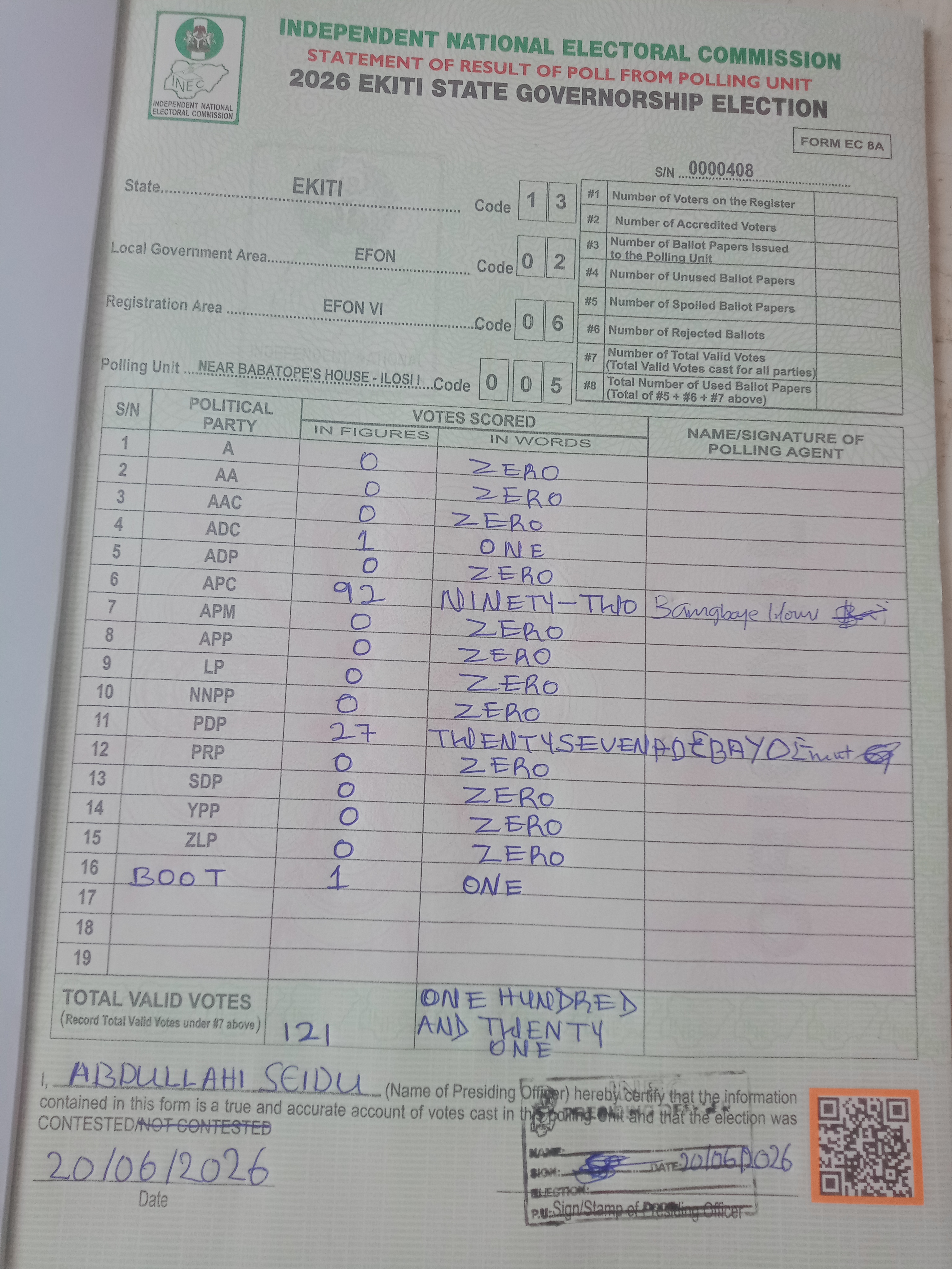 Result sheet for polling unit 13/02/06/005, Near Babatope's House - Ilosi I