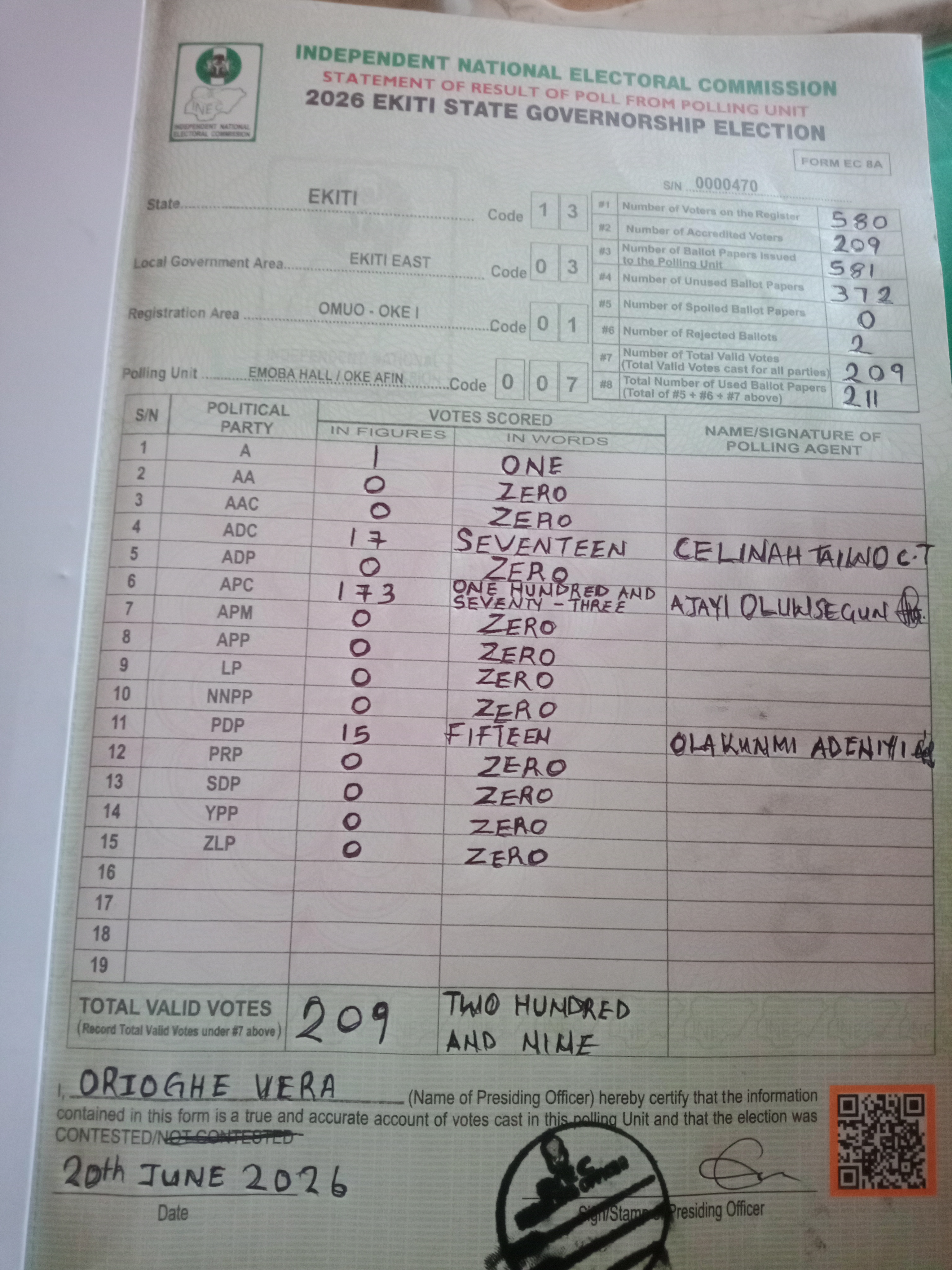 Result sheet for polling unit 13/03/01/007, Emoba Hall / Oke Afin