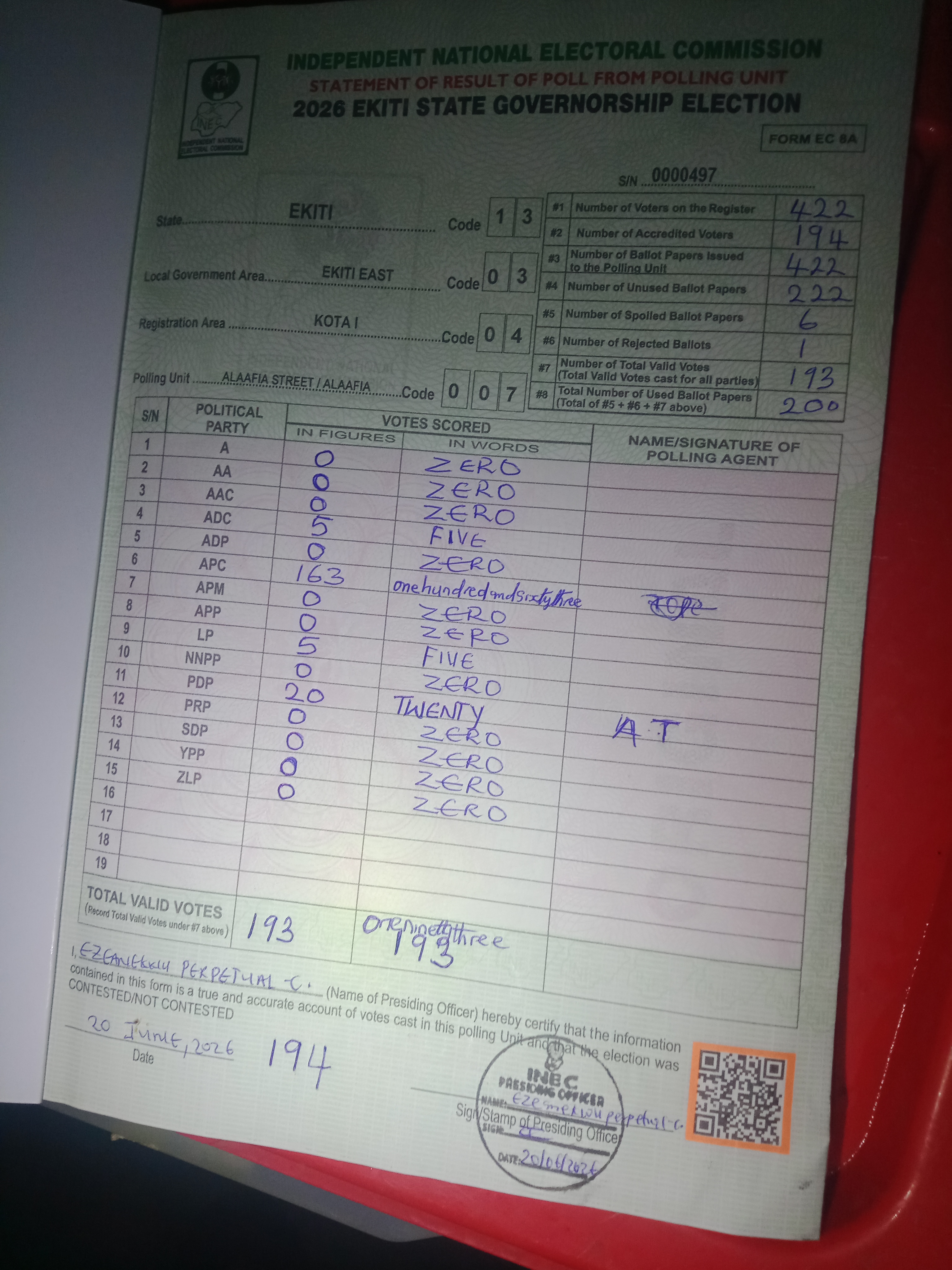 Result sheet for polling unit 13/03/04/007, Alaafia Street / Alaafia