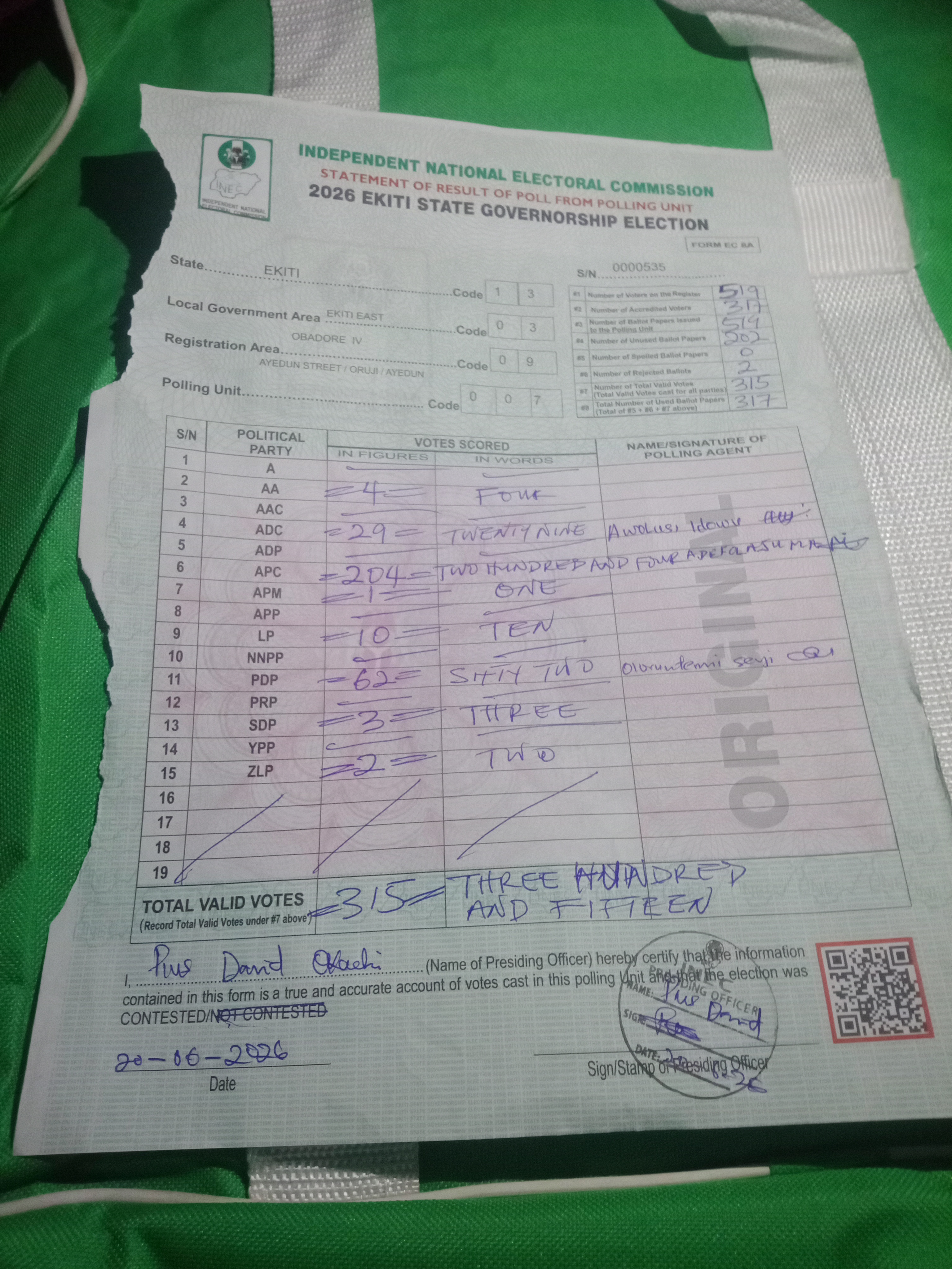 Result sheet for polling unit 13/03/09/007, Ayedun Street / Oruji / Ayedun