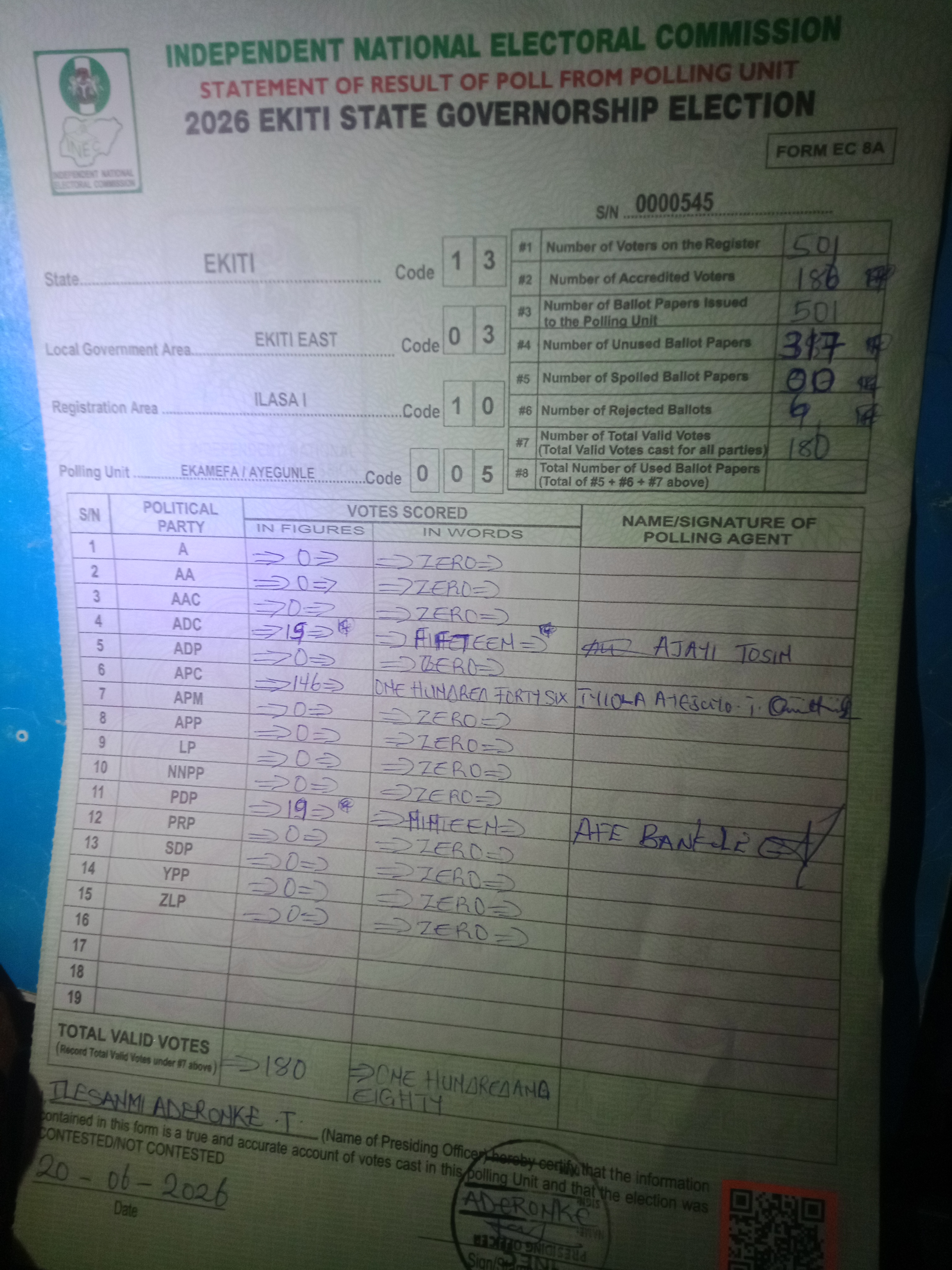 Result sheet for polling unit 13/03/10/005, Ekamefa / Ayegunle