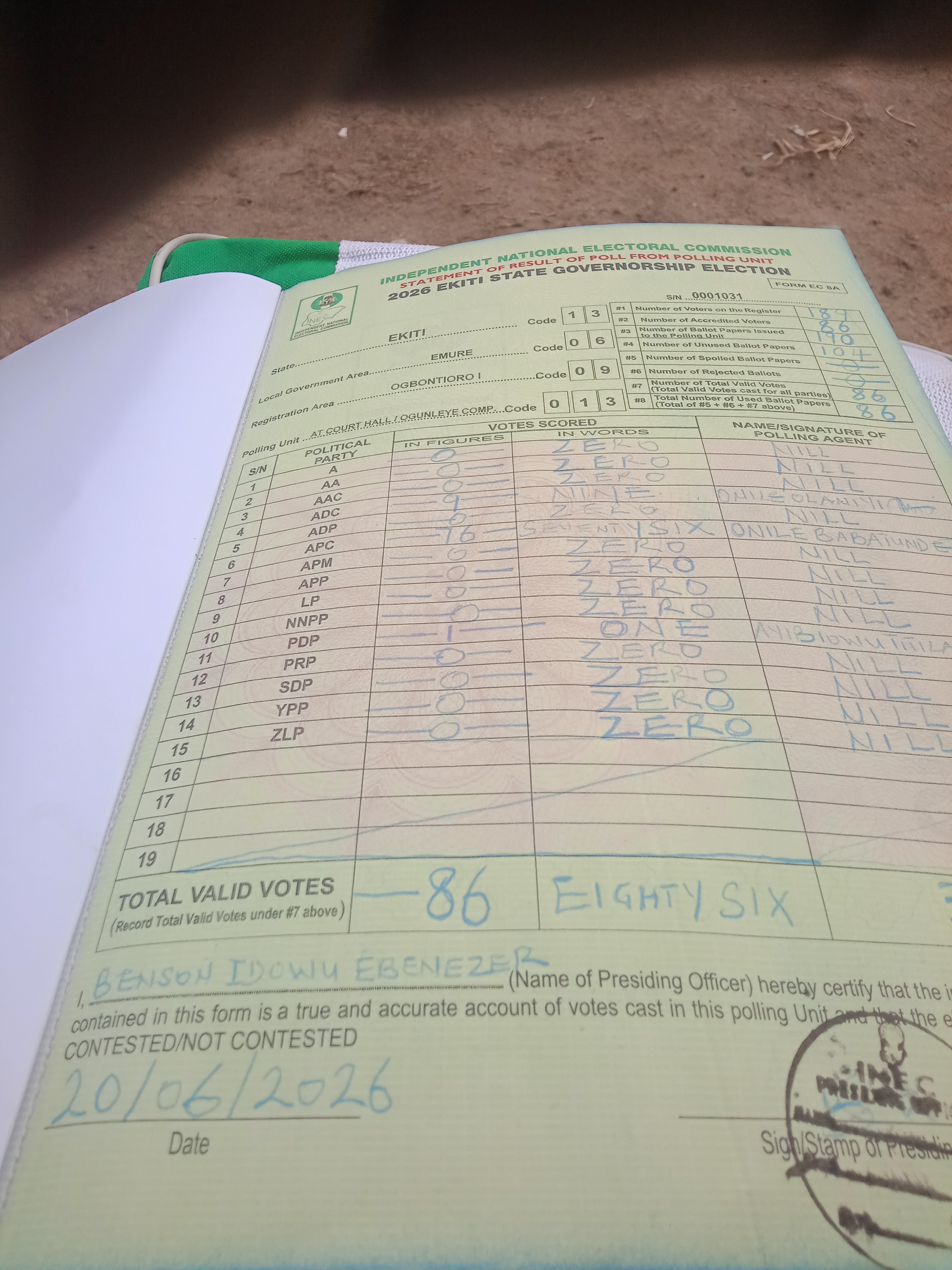 Result sheet for polling unit 13/06/09/013, At Court Hall / Ogunleye Comp.