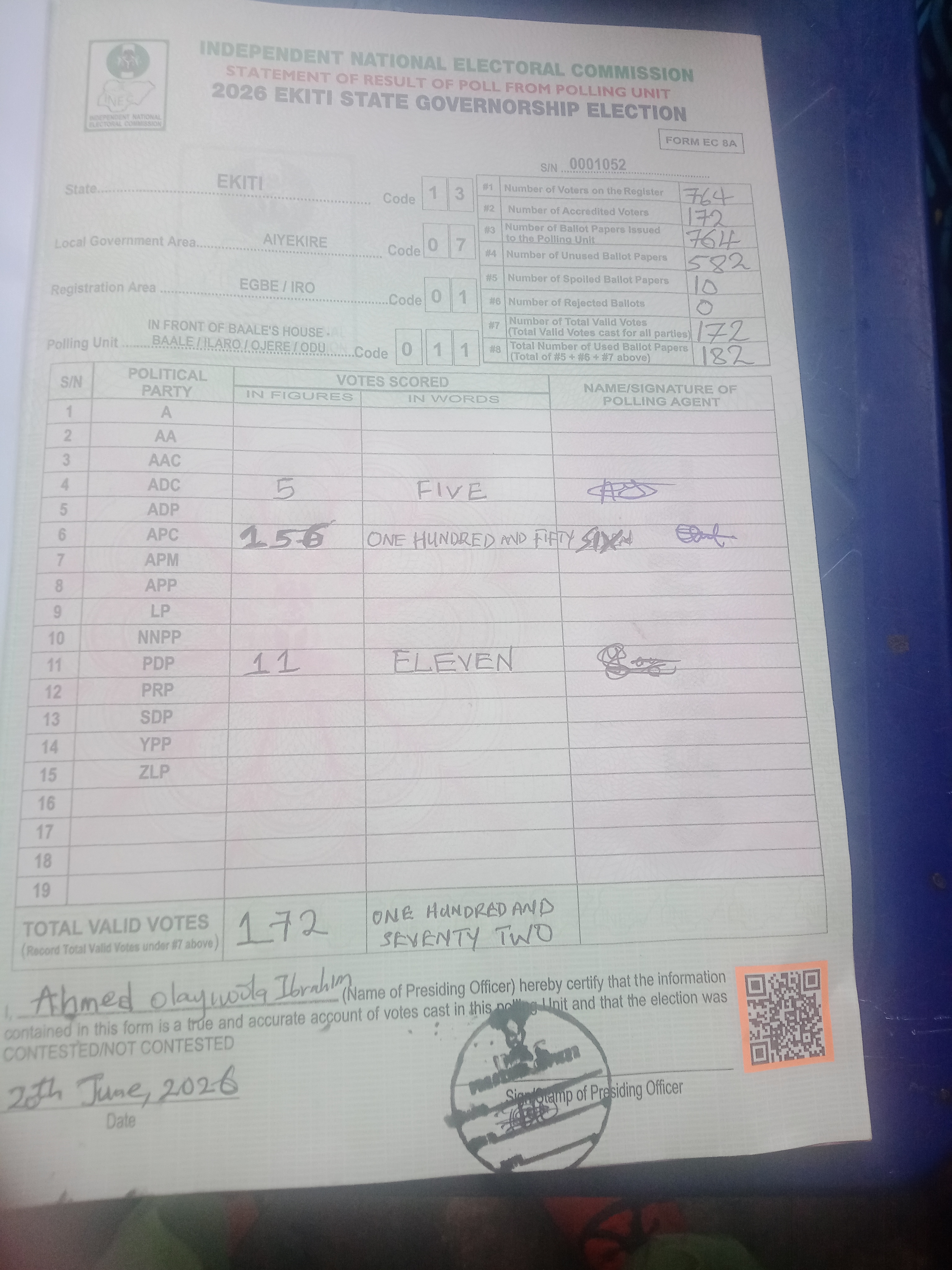 Result sheet for polling unit 13/07/01/011, In Front Of Baale's House - Baale / Ilaro / Ojere / Odu