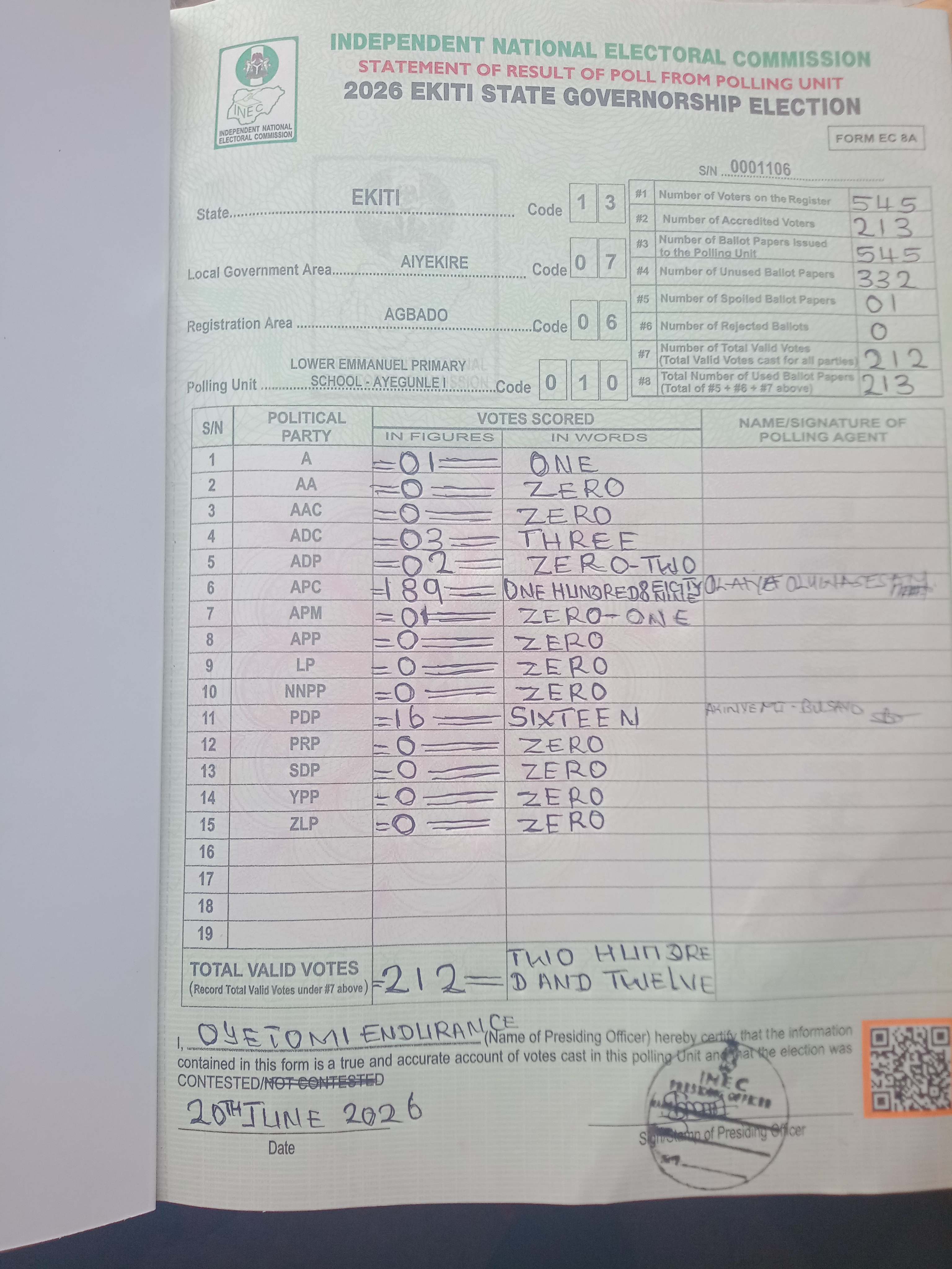Result sheet for polling unit 13/07/06/010, Lower Emmanuel Primary School - Ayegunle I