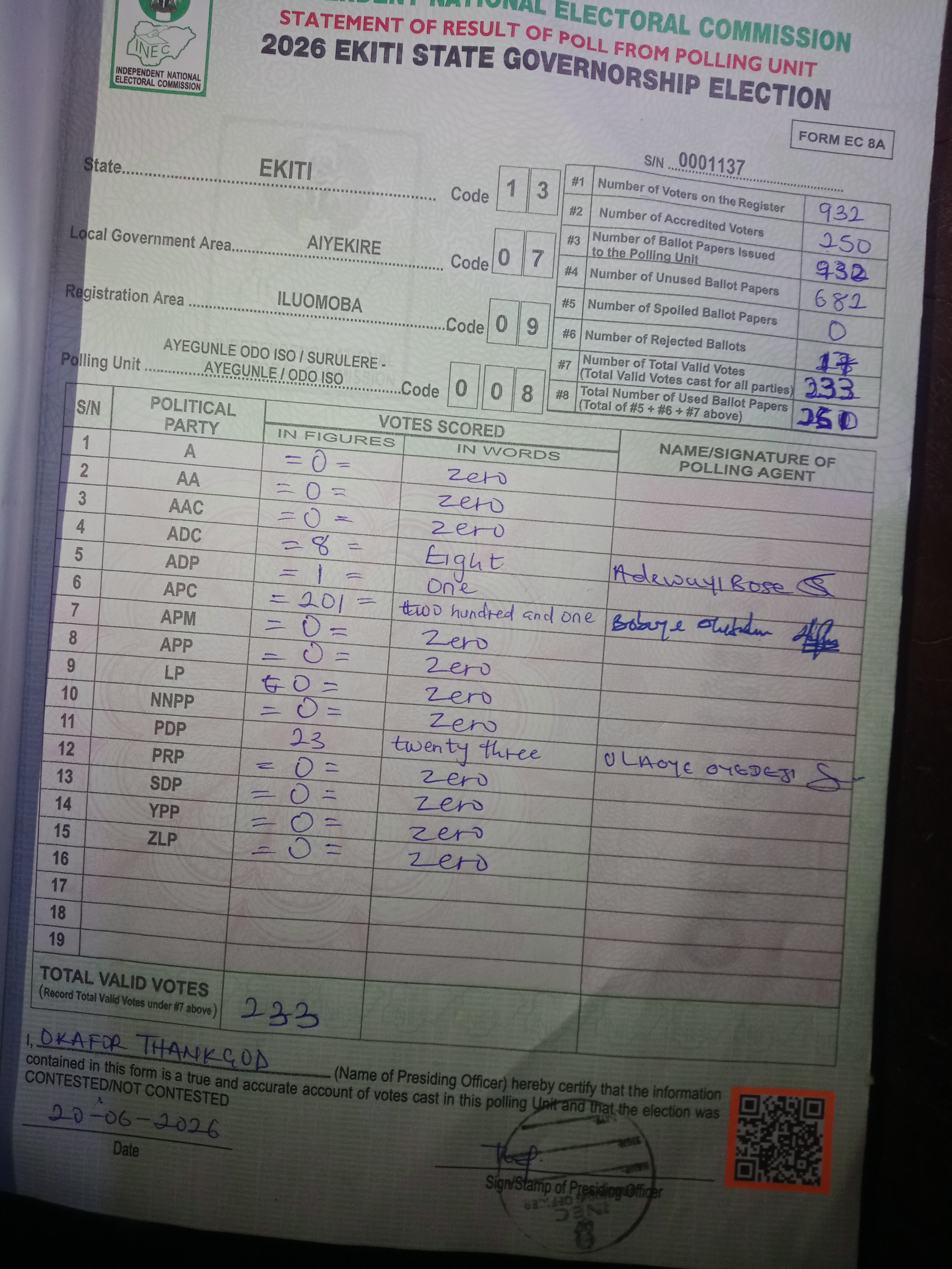 Result sheet for polling unit 13/07/09/008, Ayegunle Odo Iso / Surulere - Ayegunle / Odo Iso