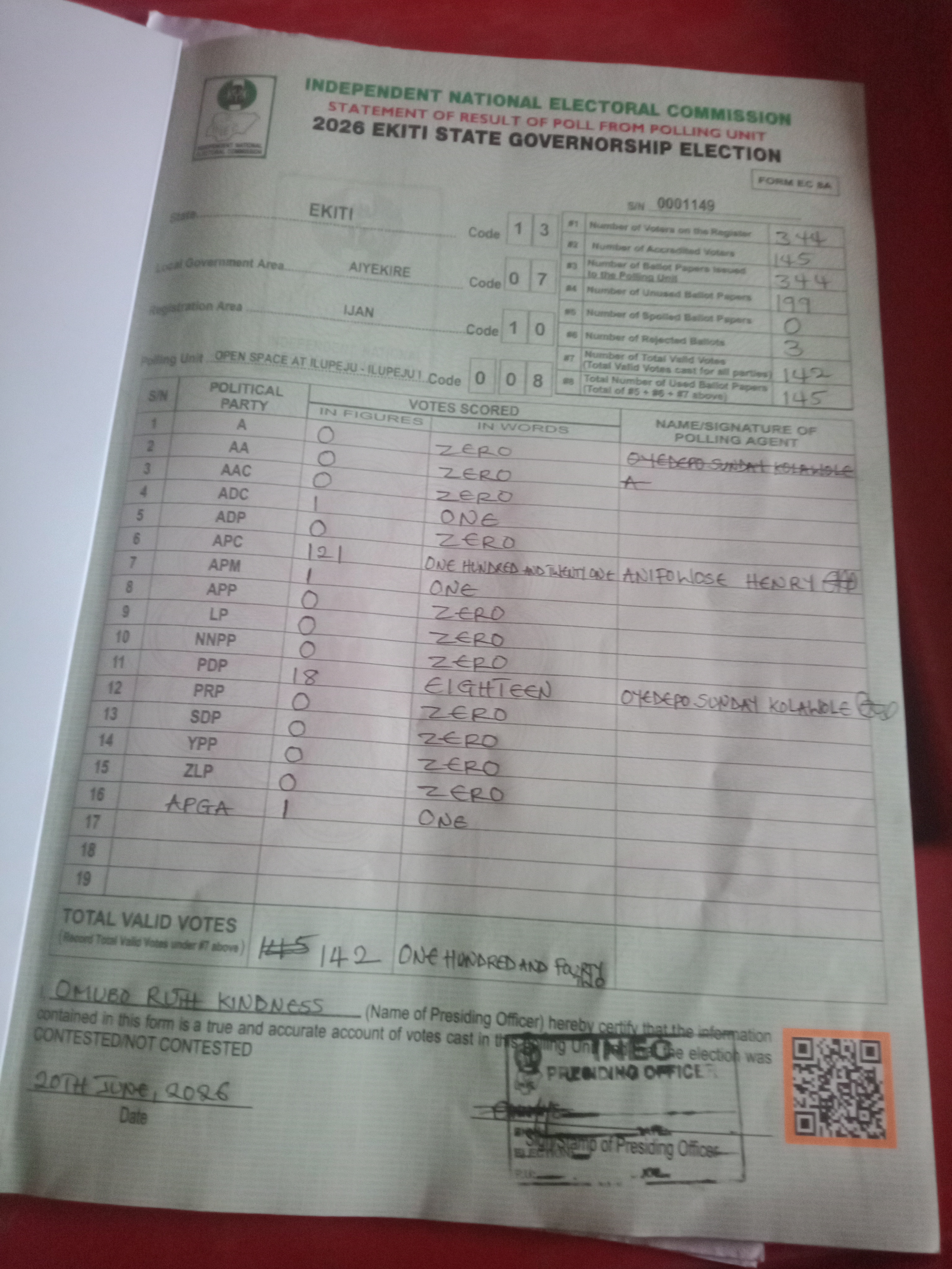 Result sheet for polling unit 13/07/10/008, Open Space At Ilupeju - Ilupeju I