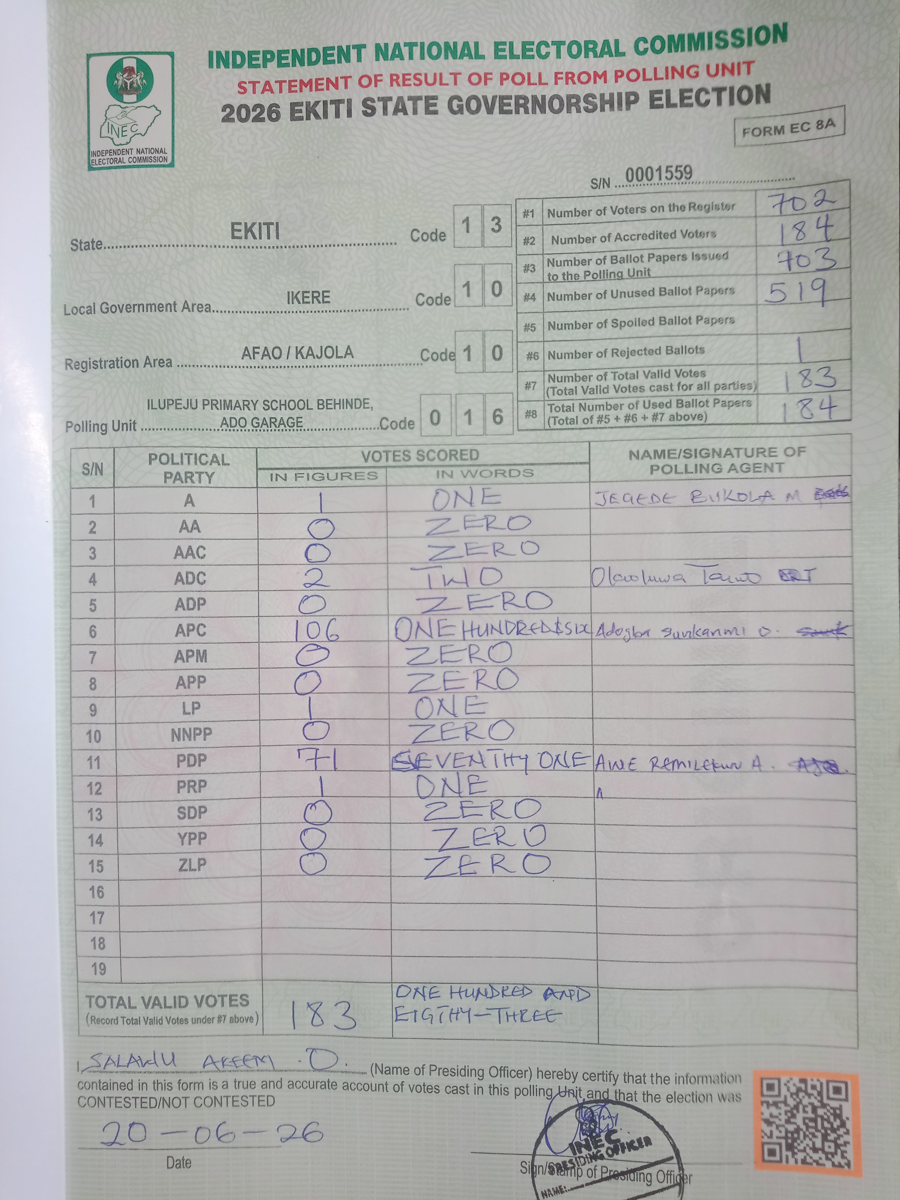Result sheet for polling unit 13/10/10/016, Ilupeju Primary Nschool Behinde, Ado Garage