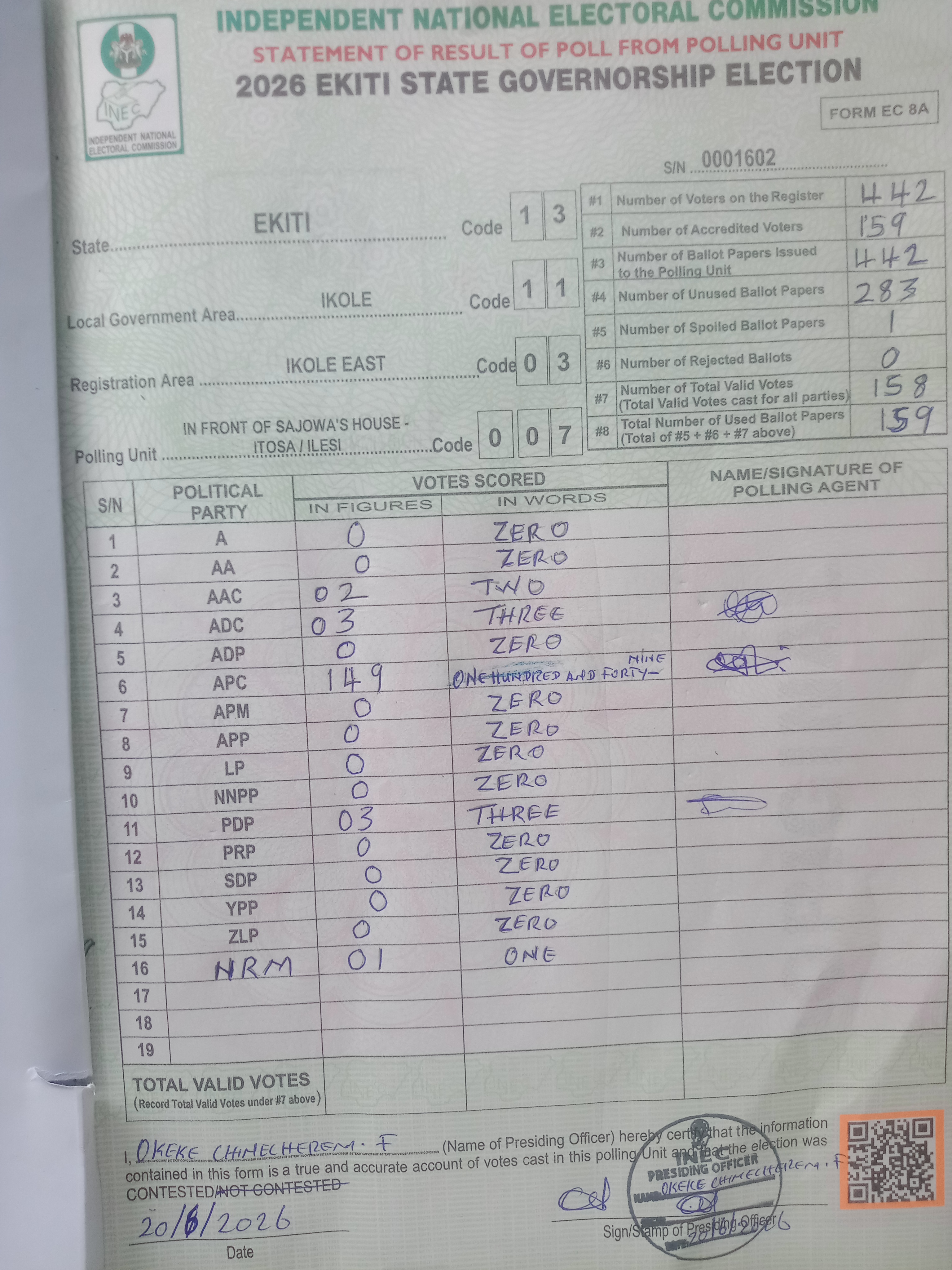 Result sheet for polling unit 13/11/03/007, In Front Of Sajowa's House - Itosa / Ilesi